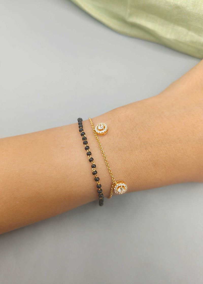 Charm CZ With Black Beads Gold Plated Hand Mangalsutra Bracelet