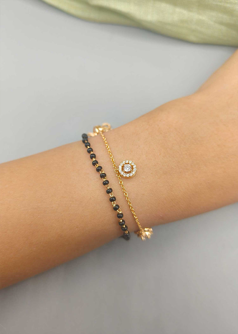 Charm CZ With Black Beads Gold Plated Hand Mangalsutra Bracelet