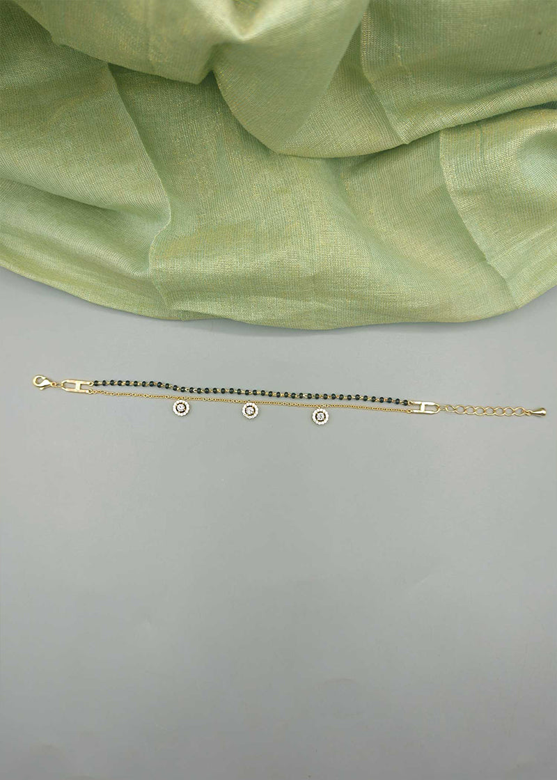 Charm CZ With Black Beads Gold Plated Hand Mangalsutra Bracelet