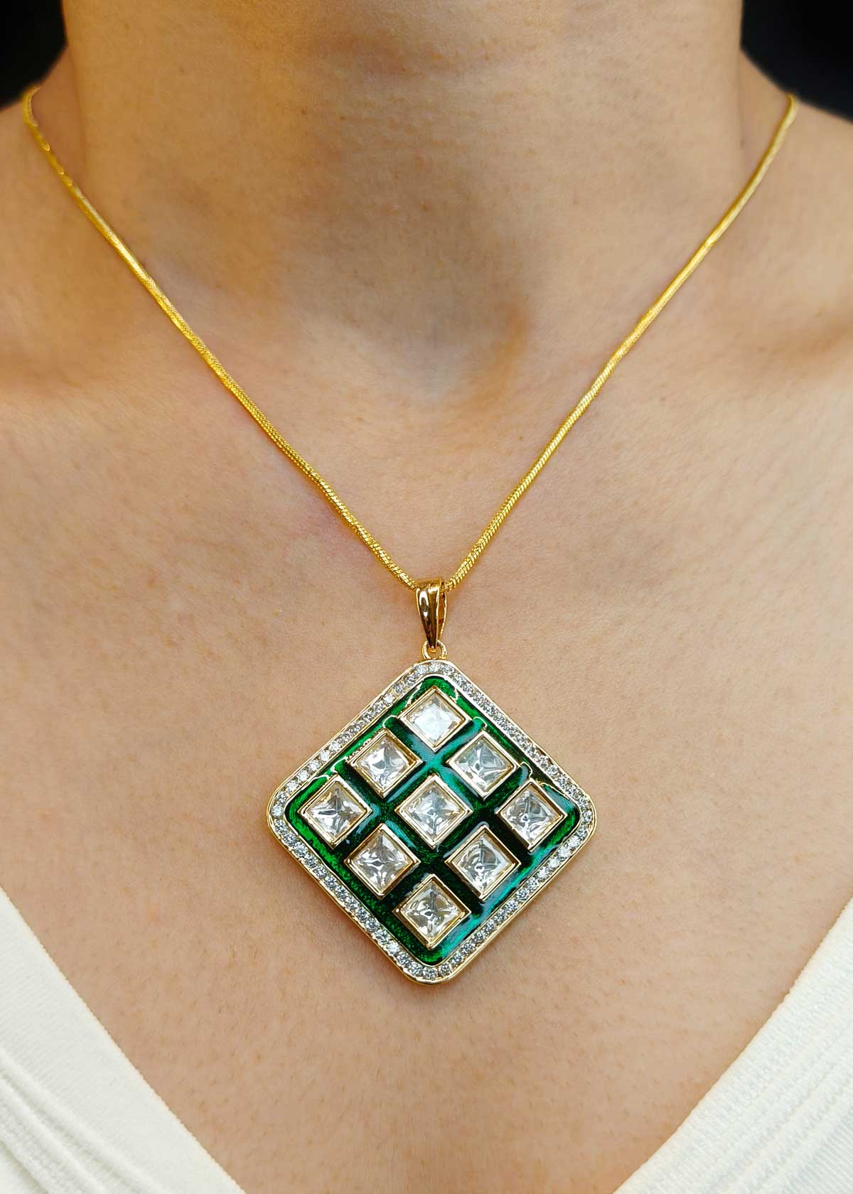 Meenakari Square Kundan Pendant Set