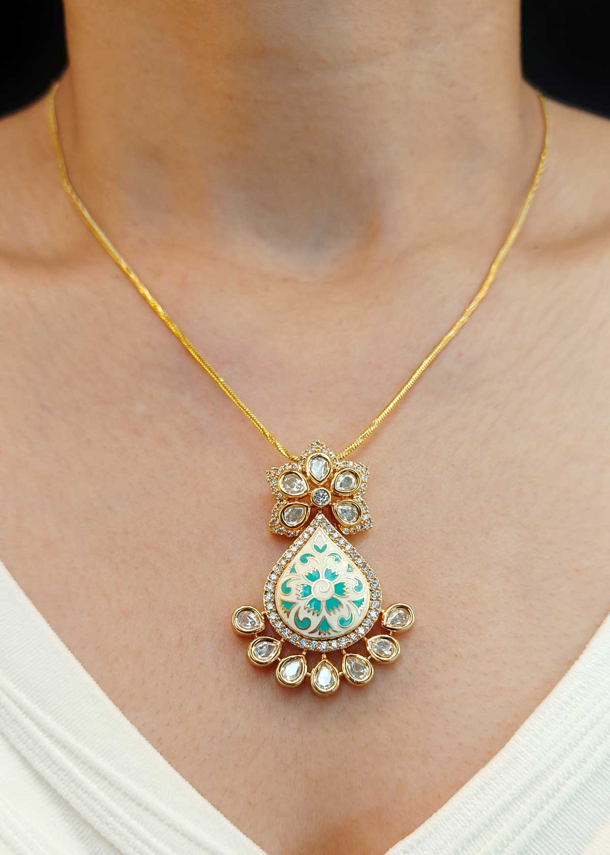 Cubic Zircon Meenakari Kundan Pendant Set