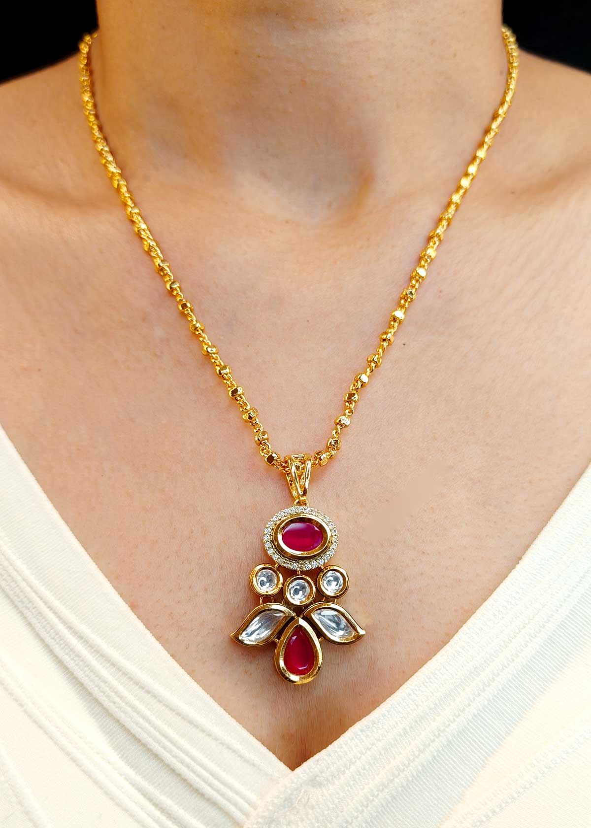 Classic Kundan Zircon Pendant Set With Chain