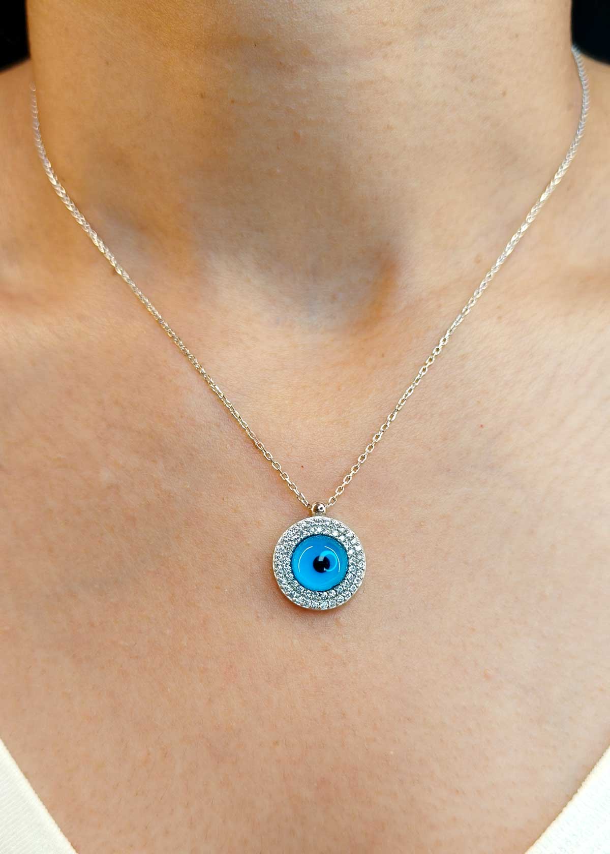 92.5 Sterling Silver Rhodium Plated Evil Eye Pendant + Chain