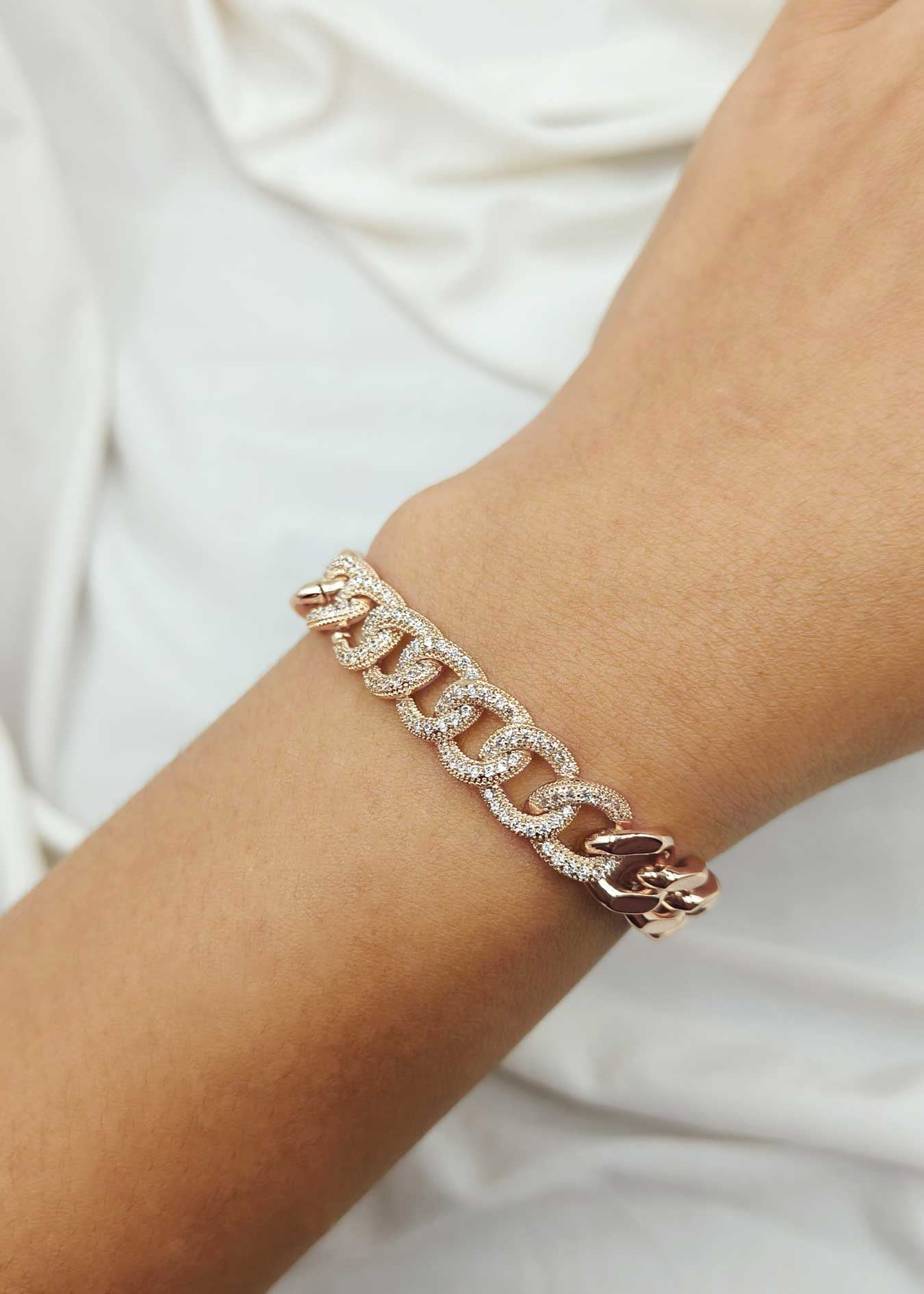 Chain Style Round Cut Cubic Zircon Rose Gold Plated Loose Bracelet