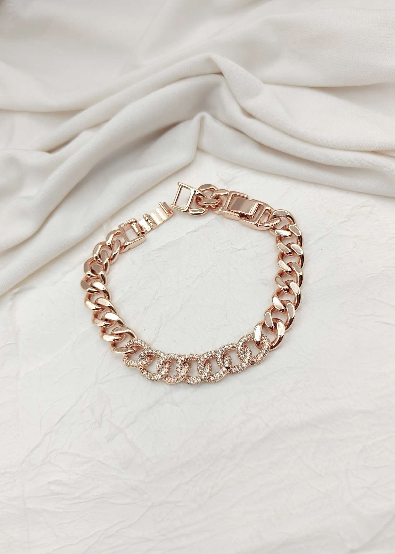 Chain Style Round Cut Cubic Zircon Rose Gold Plated Loose Bracelet
