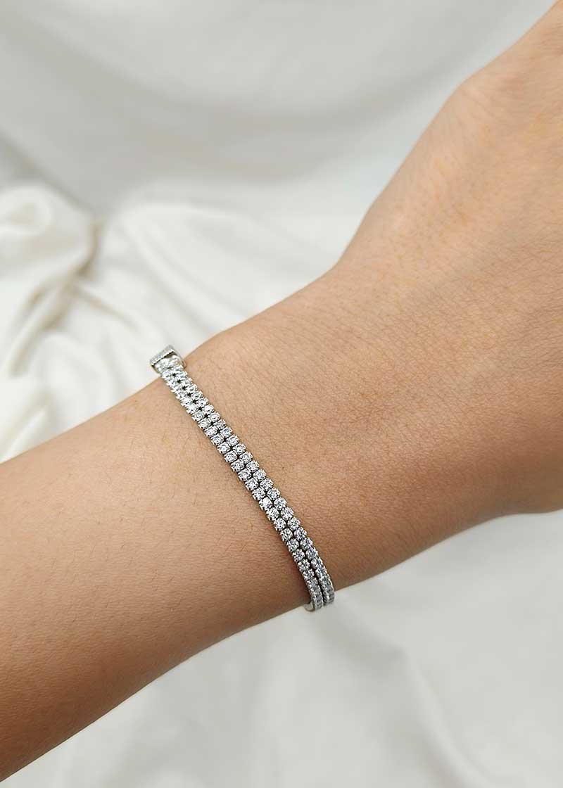 Sterling Silver Cubic Zircon Two Line Women Adjustable Loose Bracelet