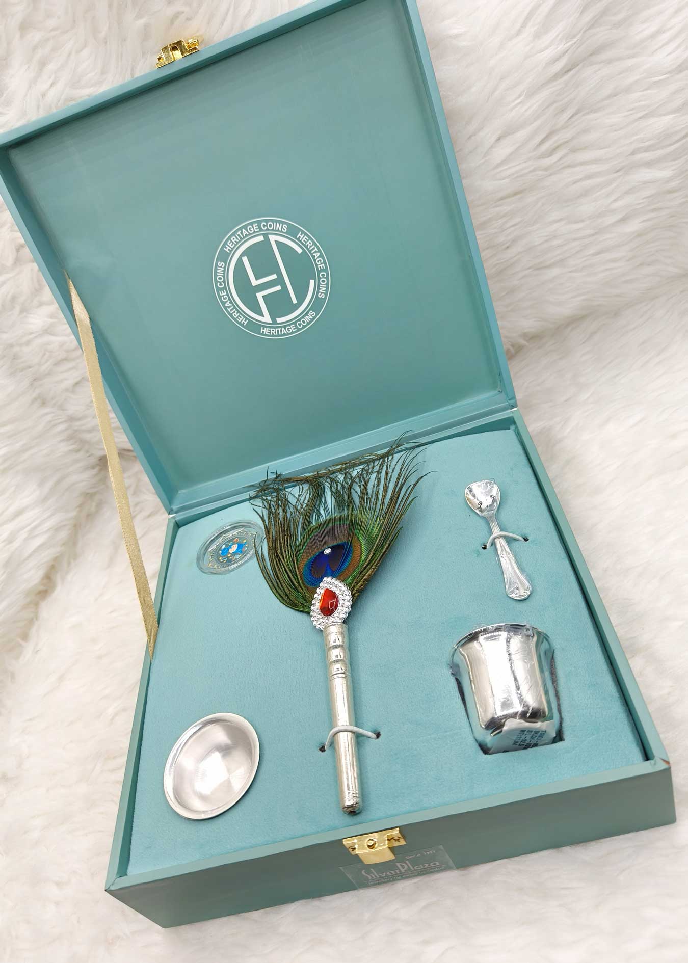 92.5 Sterling Silver Peacock Feather With Pure Silver Meenakari Coin And Utensil Luxury Gift Set