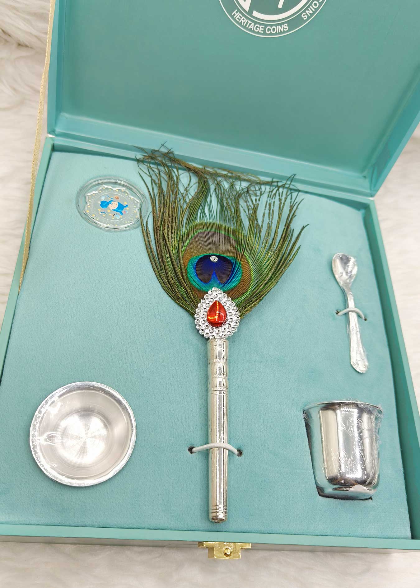 92.5 Sterling Silver Peacock Feather With Pure Silver Meenakari Coin And Utensil Luxury Gift Set