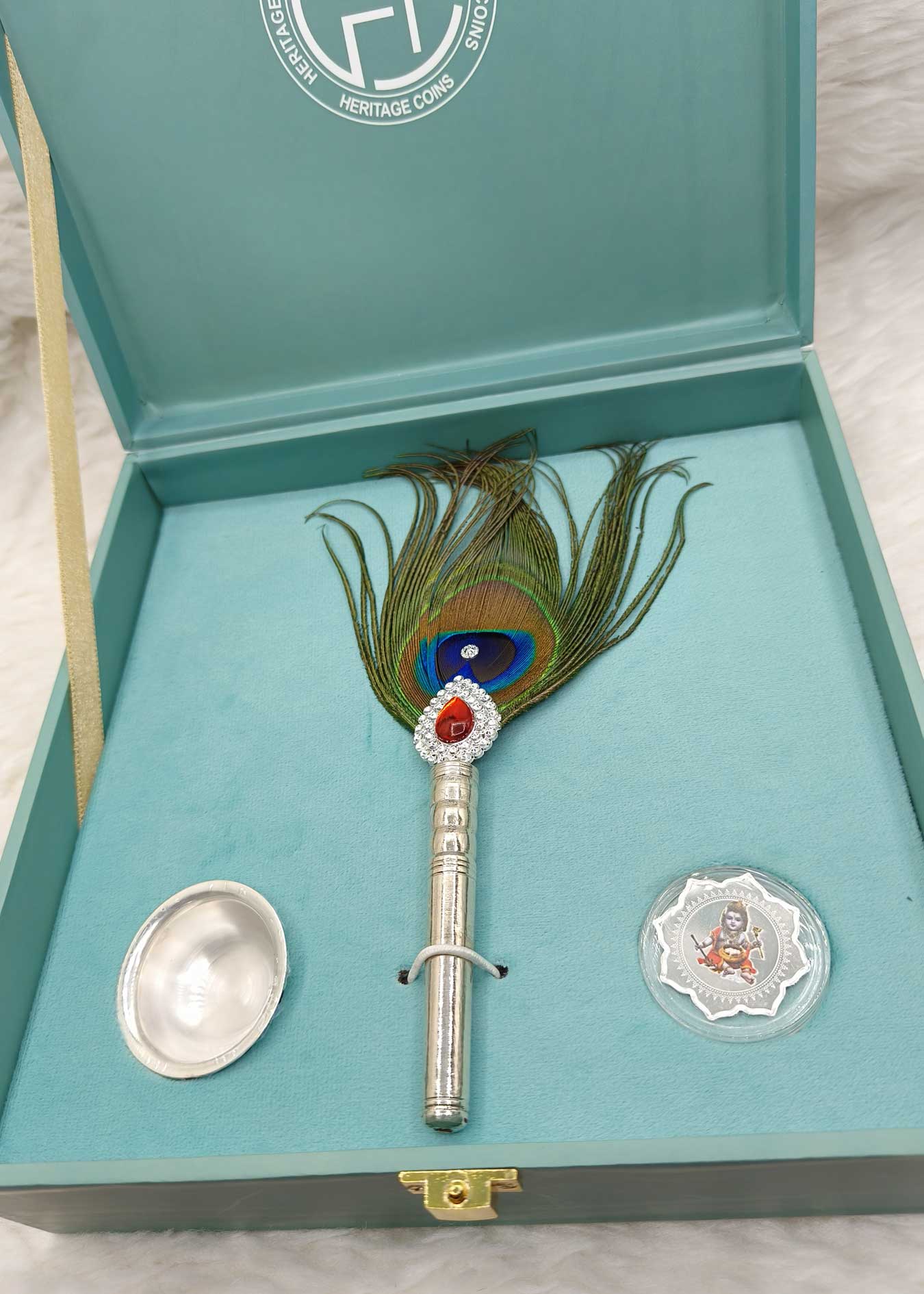 92.5 Sterling Silver Baby Gift Set With 999.9 Pure Silver Meenakari Bal Krishna Coin And Peacock Feather
