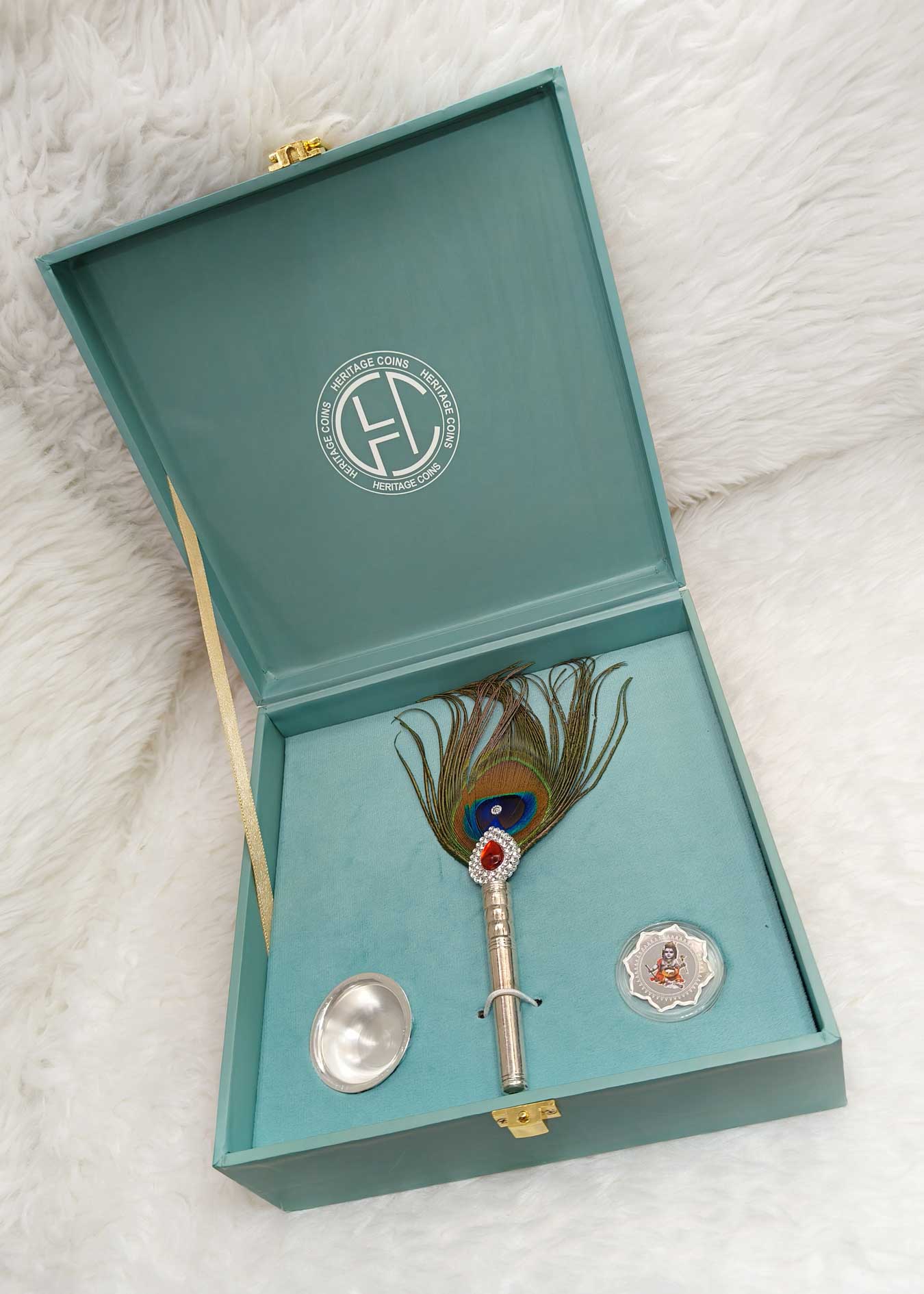 92.5 Sterling Silver Baby Gift Set With 999.9 Pure Silver Meenakari Bal Krishna Coin And Peacock Feather