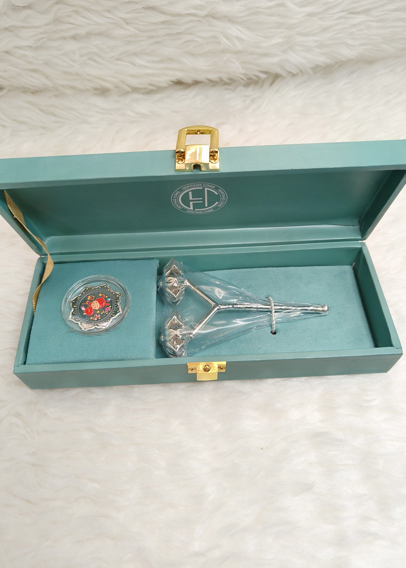999 Fine Silver Baby Girl Coin With 92.5 Sterling Silver Rattle Gift Set