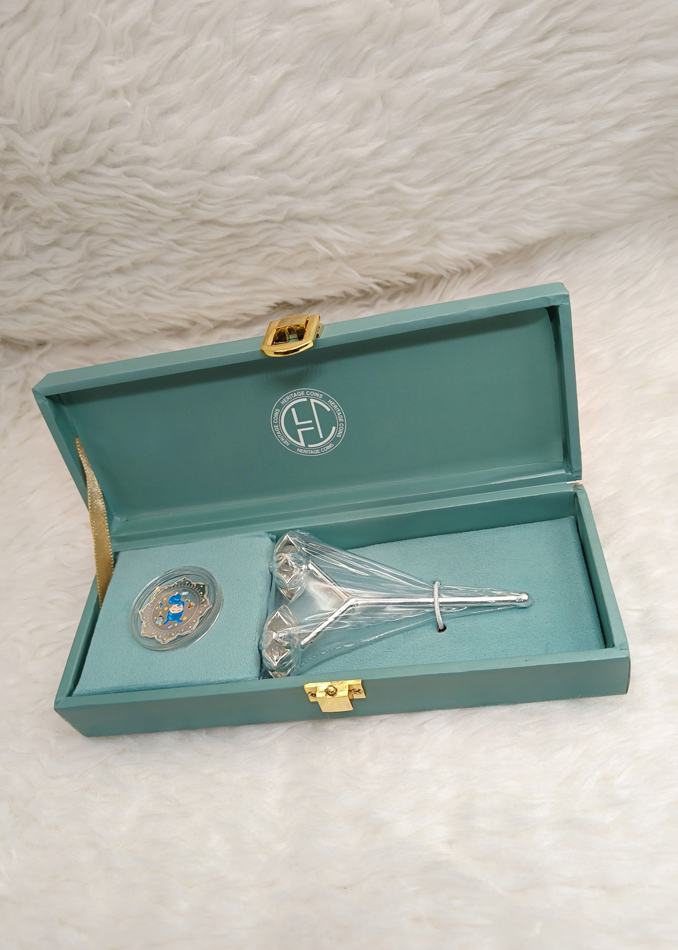 999 Fine Silver Baby Boy Coin With 92.5 Sterling Silver Rattle Gift Set