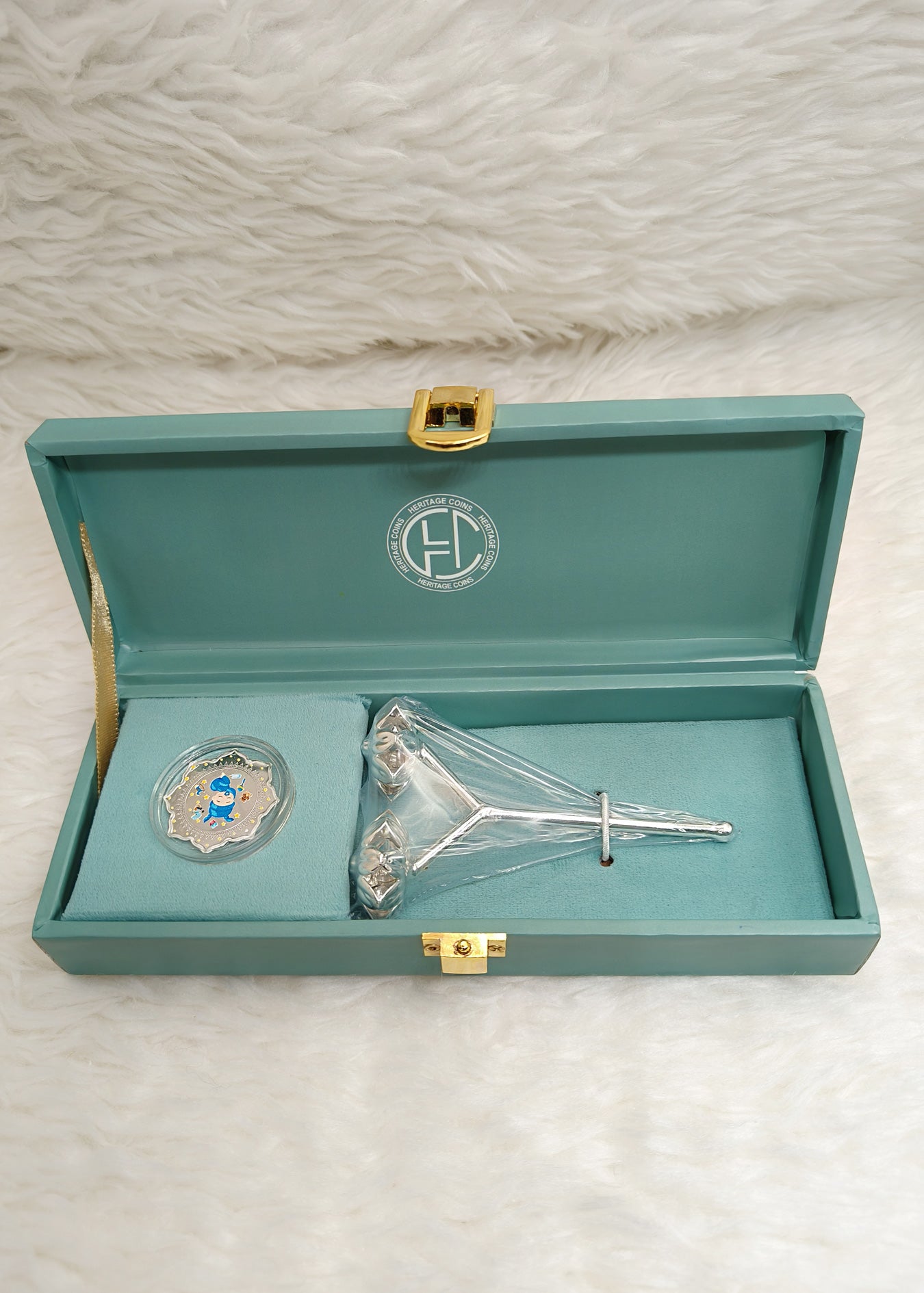999 Fine Silver Baby Boy Coin With 92.5 Sterling Silver Rattle Gift Set