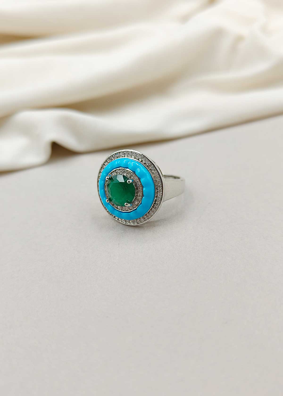 Cubic Zircon Blue Colour Designer Women Short Necklace Set With Finger Ring