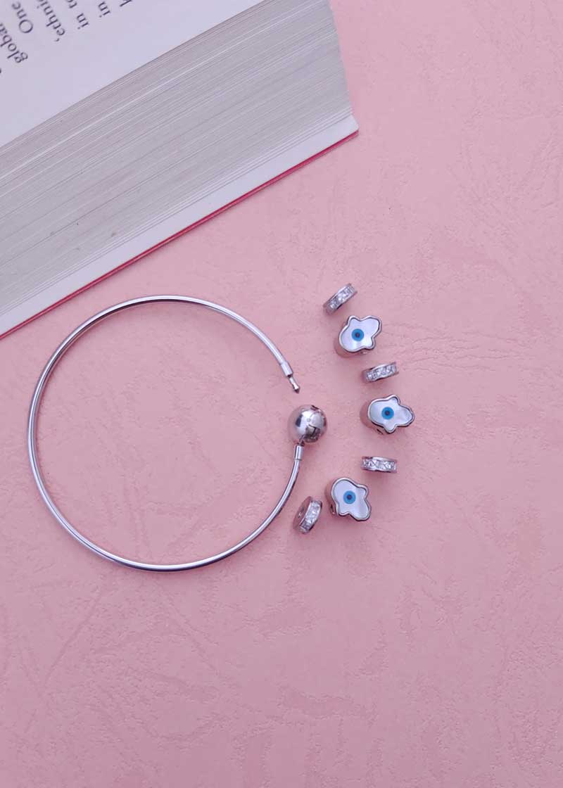 92.5 Sterling Silver Hamsa Design Evil Eye Zircon Women Charms Kada Bracelet