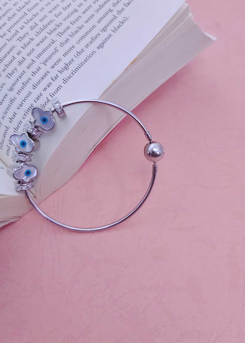 92.5 Sterling Silver Hamsa Design Evil Eye Zircon Women Charms Kada Bracelet