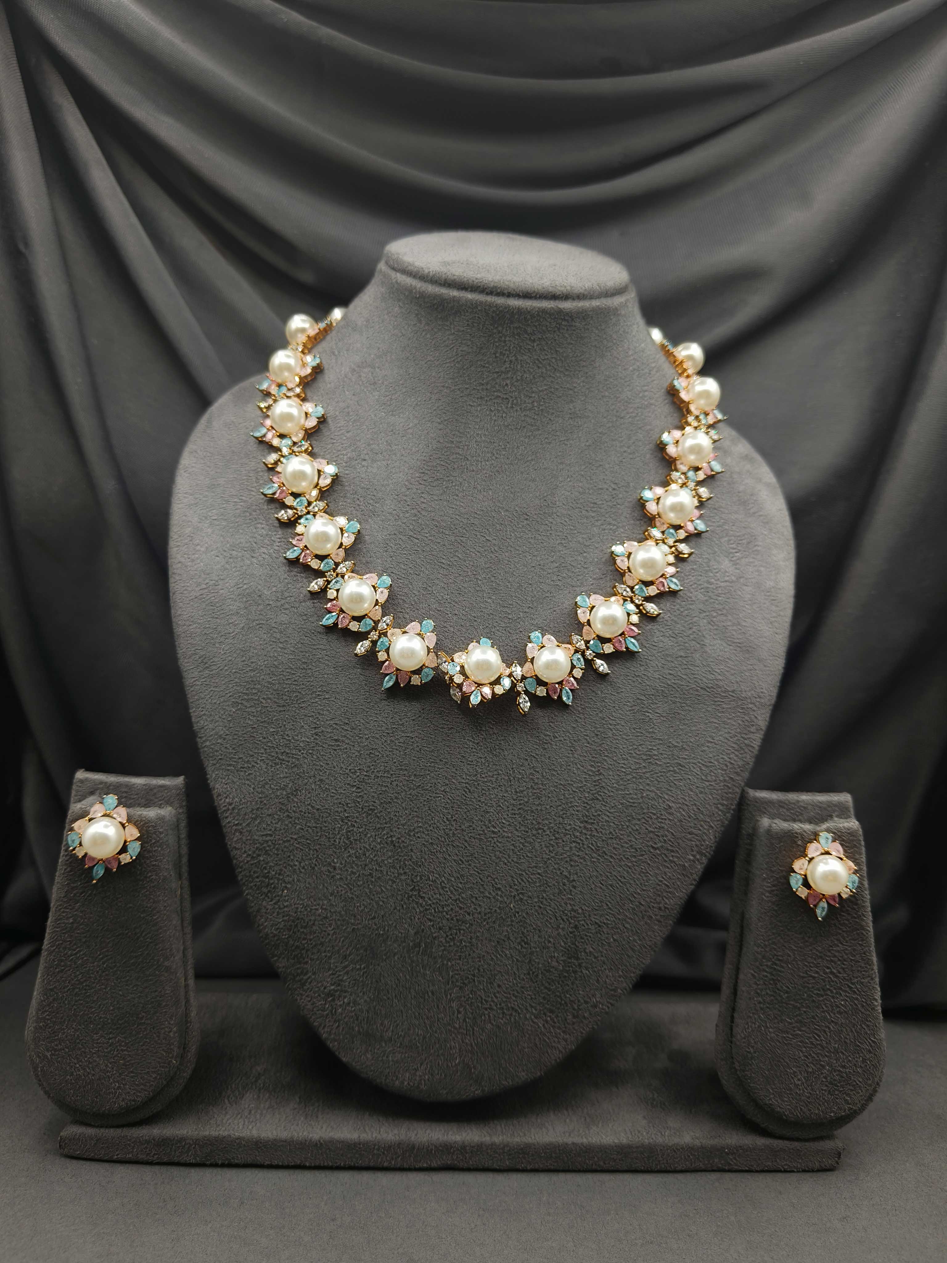Elegant Floral Inspired Pearl & Multi Pastel Cubic Zircon Gold-Plated Short Necklace Set