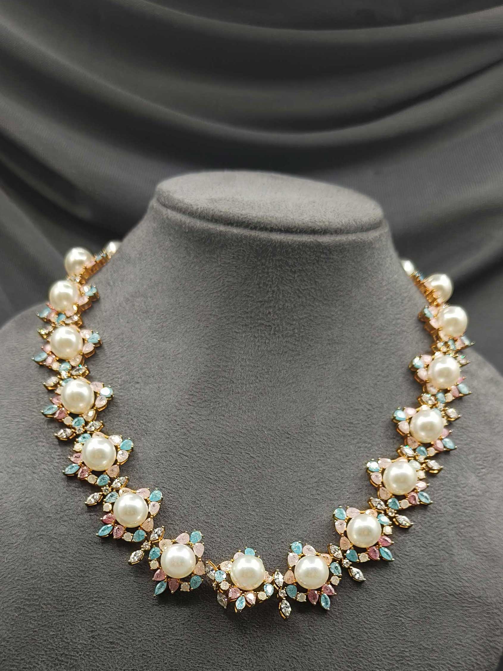 Fancy Gold Plated Crystal Pearls Cubic Zircon Short Necklace Set