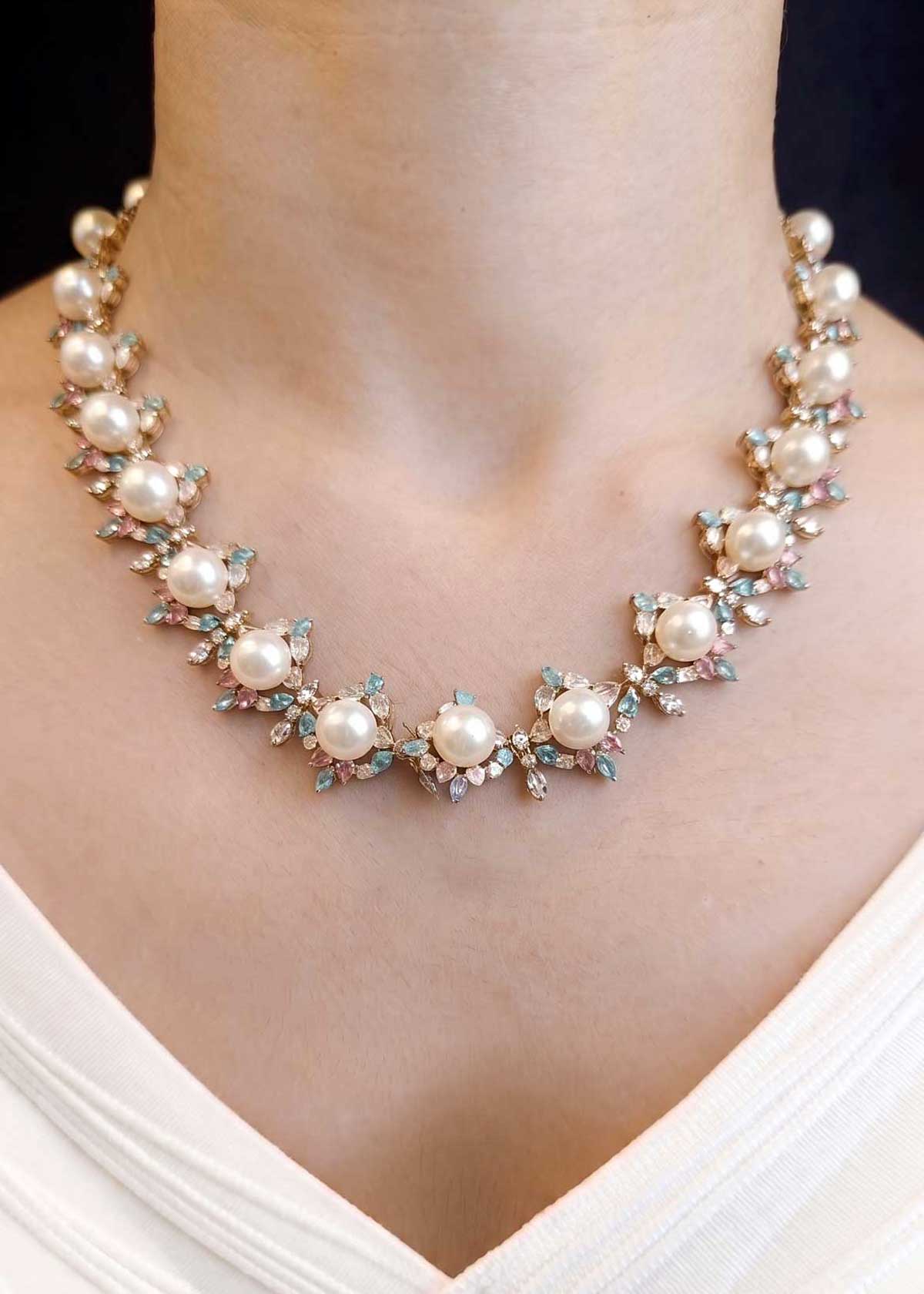 Elegant Floral Inspired Pearl & Multi Pastel Cubic Zircon Gold-Plated Short Necklace Set