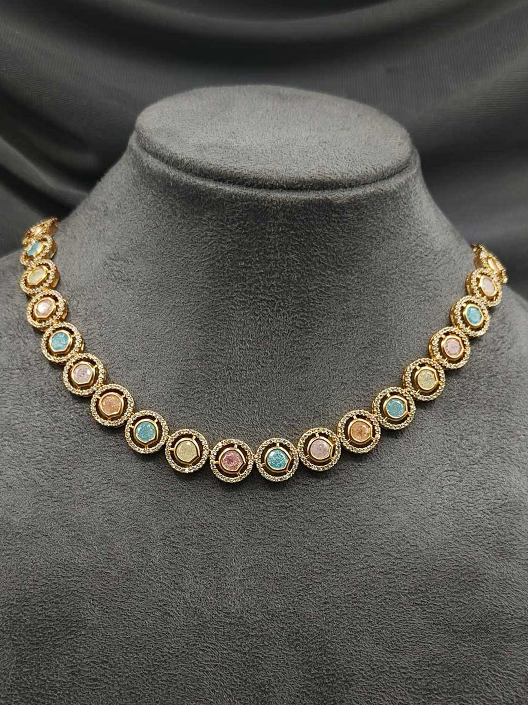 Multi Round Shape Gold-Plated Turquoise Cubic Zircon Long Necklace Set
