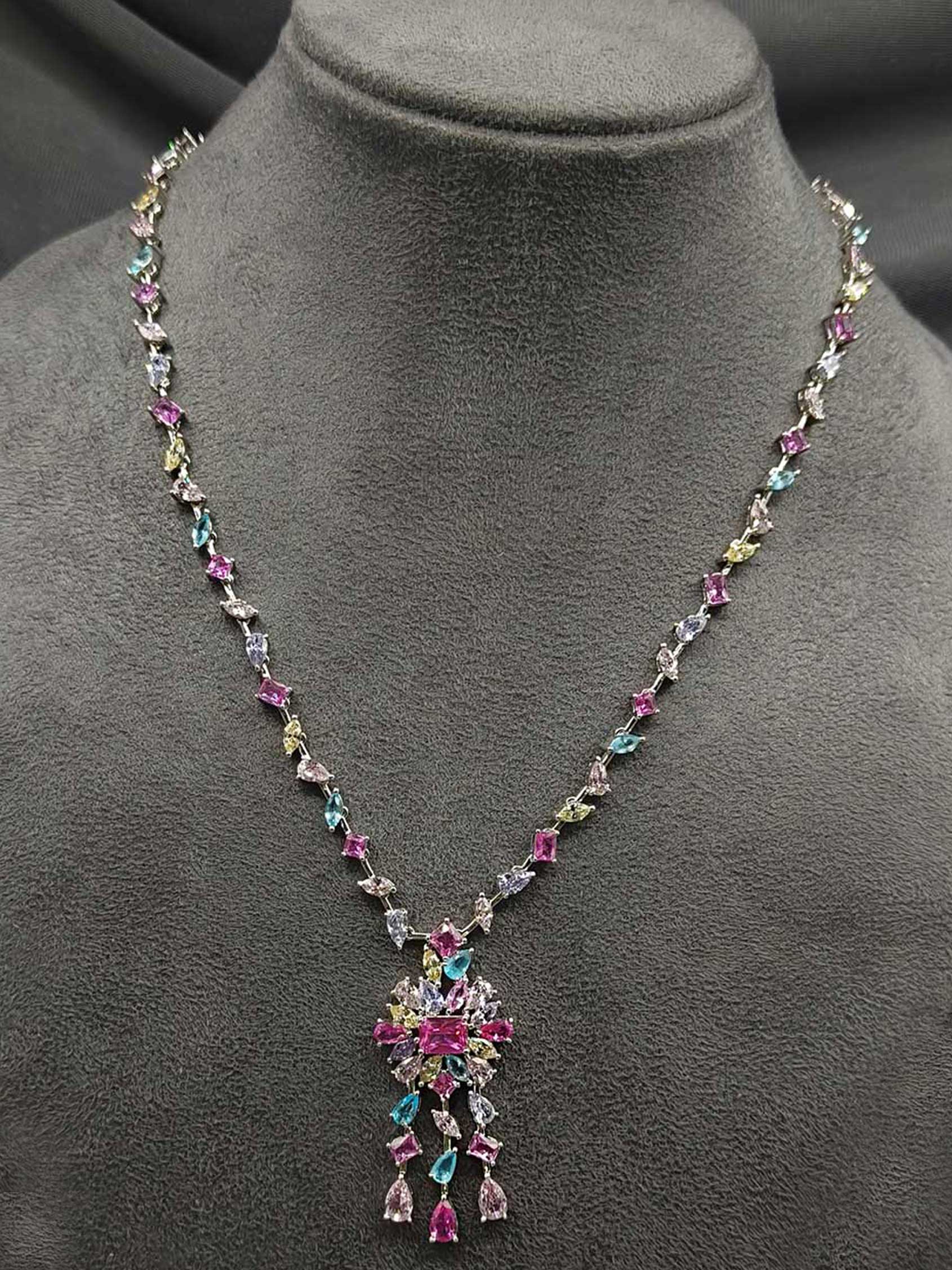 Beautiful Multi Color Stone Cubic Zircon Long Necklace Set