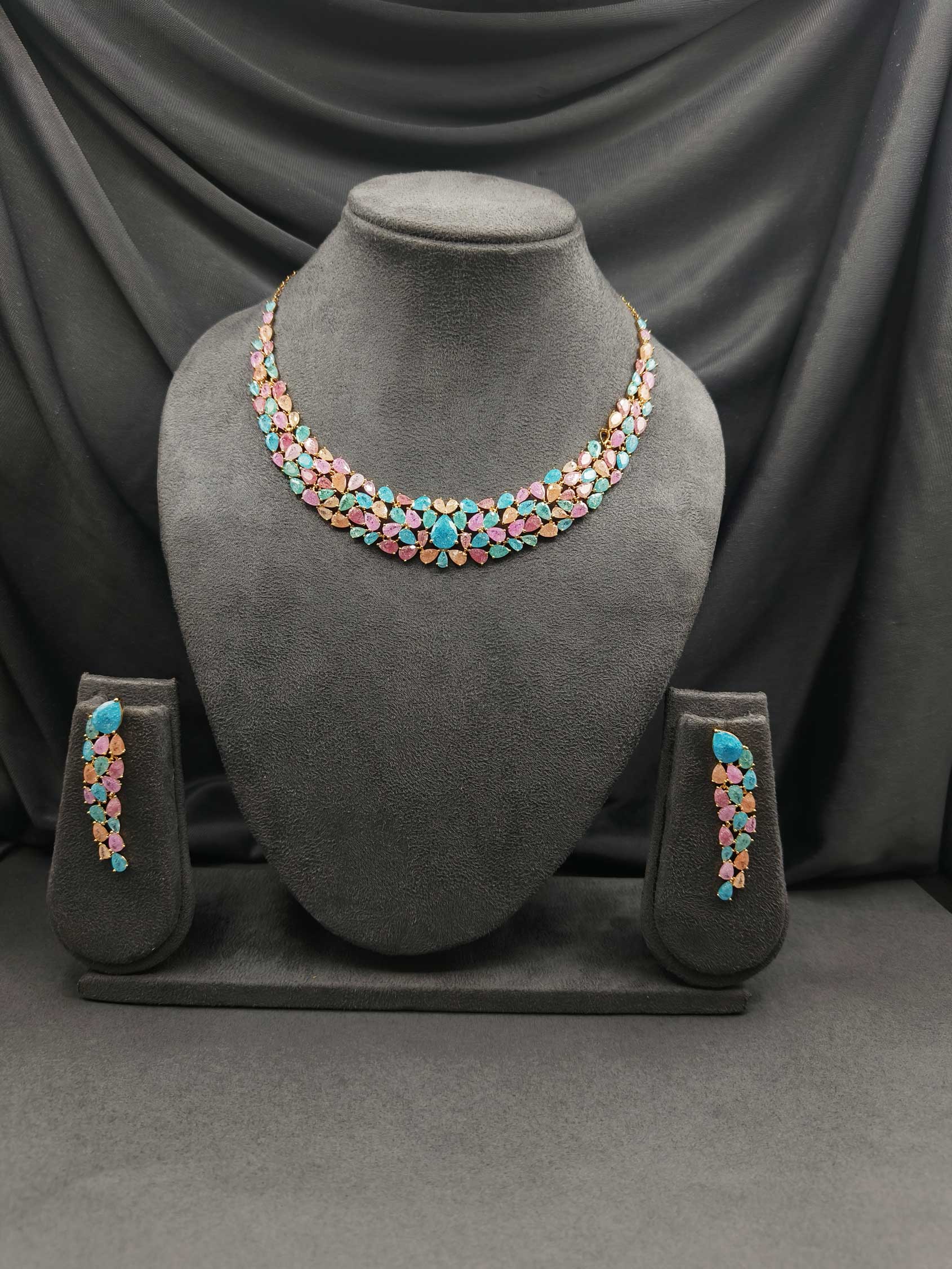Gorgeous Multi color Milky Stone Cubic Zircon Short Necklace Set