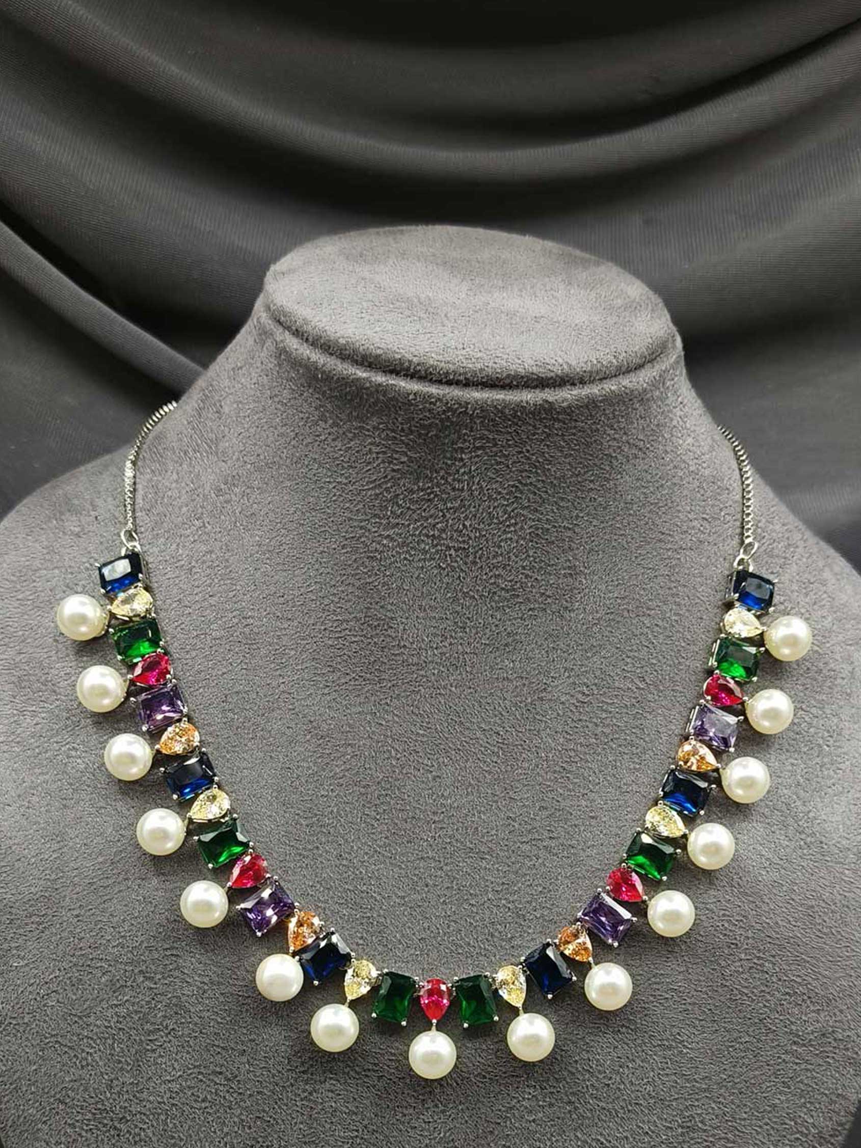 Silver-Plated  Multi Colored Pearl Cubic Zircon Short Necklace Set