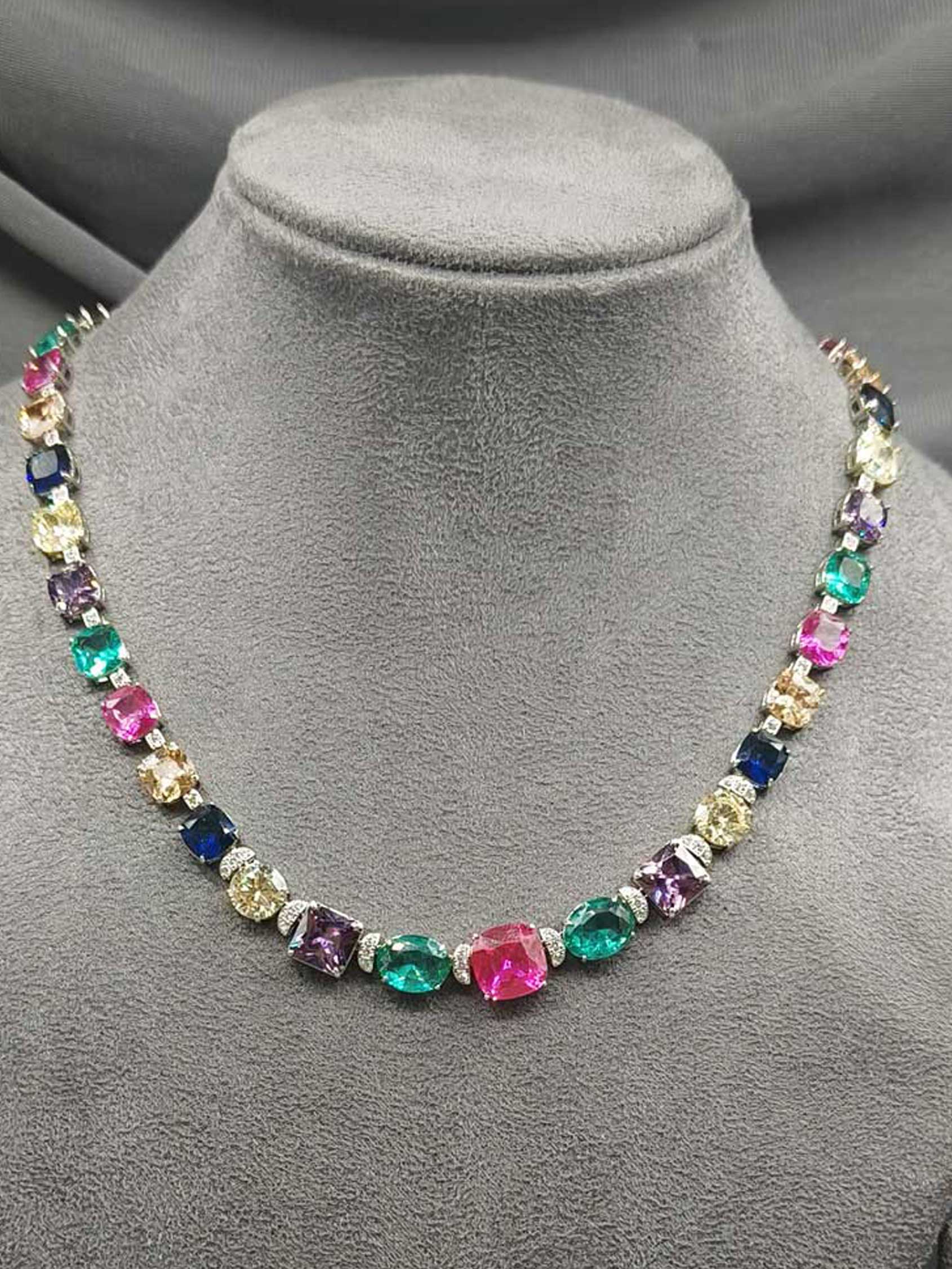 Cubic Zircon Floral Design Silver-Plated Multi-Color Short Necklace Set