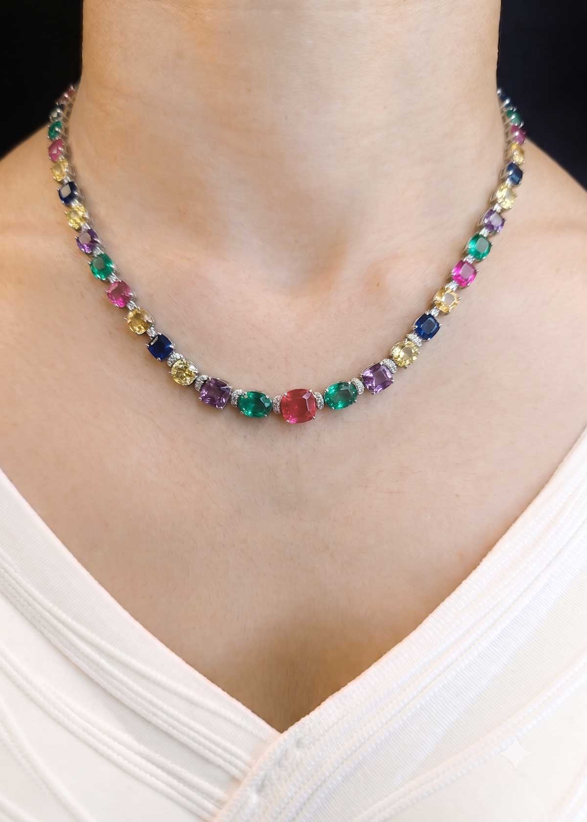 Cubic Zircon Floral Design Silver-Plated Multi-Color Short Necklace Set