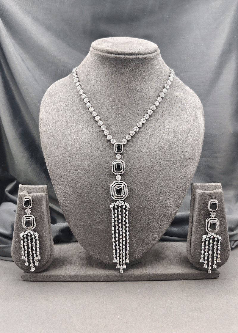Silver Plated Drop Layer Square Design Cubic Zircon Long Necklace Set