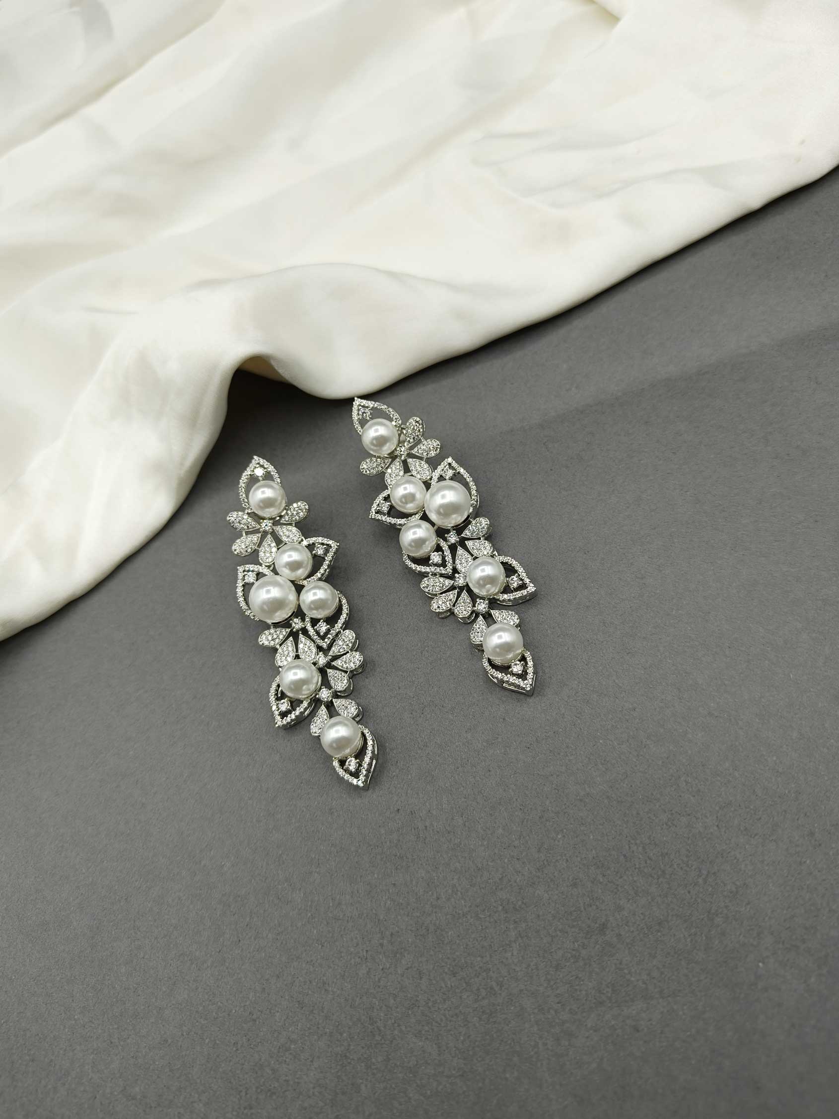 Long Pearl Drop Fusion Silver Plated Cubic Zircon Long Earring For Women