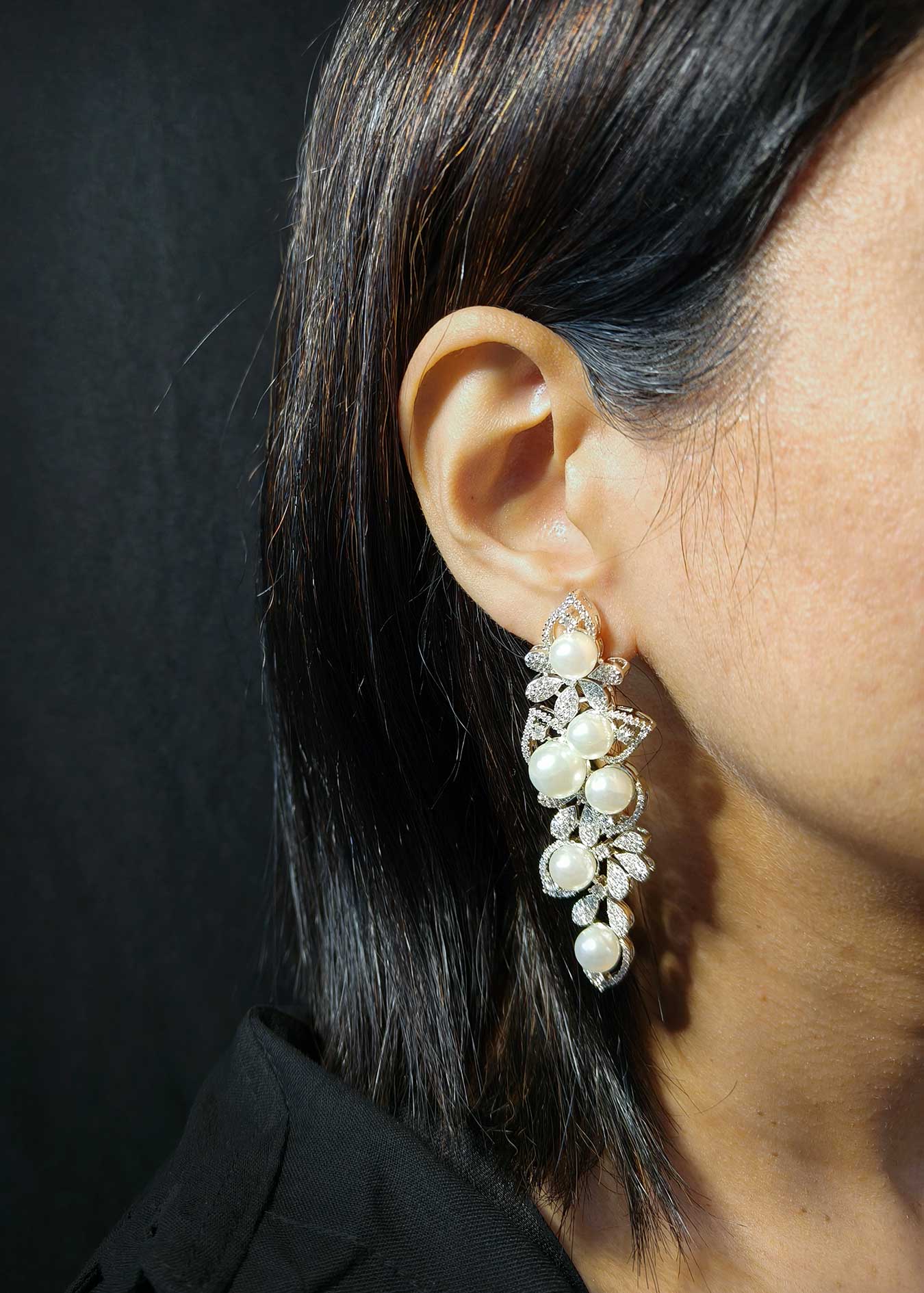 Long Pearl Drop Fusion Silver Plated Cubic Zircon Long Earring For Women