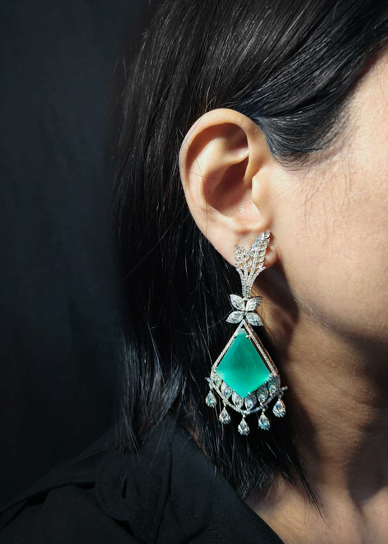 Silver-Plated Stone Danglers Cubic Zircon Long Women Earring