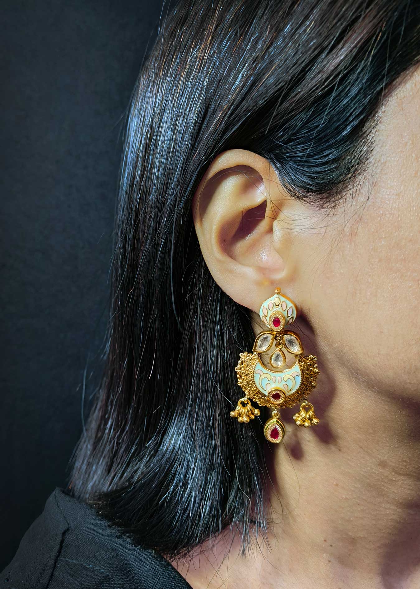 Cubic Zircon Chand Bali Meenakari Kundan Gold Plated Classic-Drop Women Earring