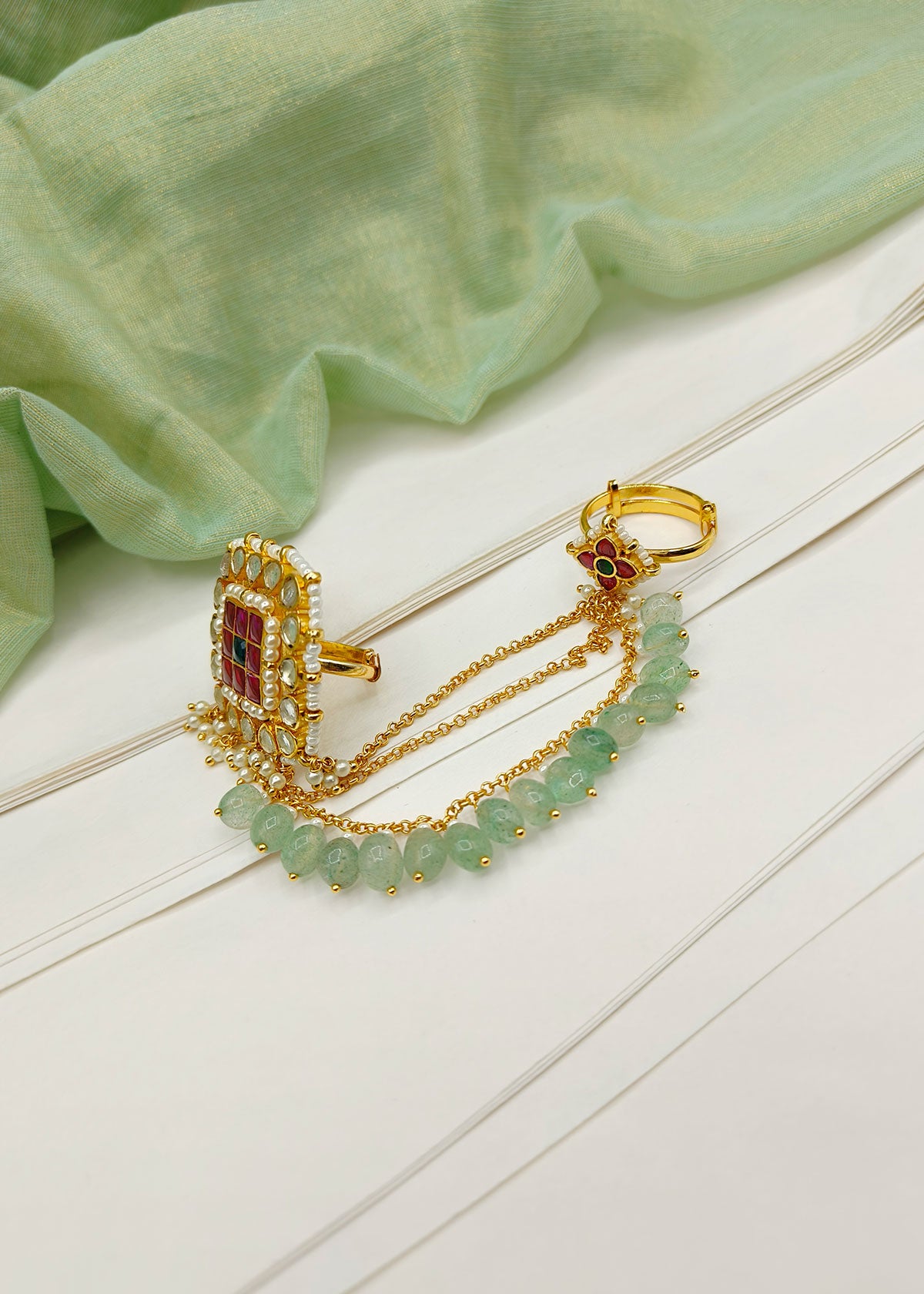 Ruby-Emerald Gold-Plated Kundan Traditional Women Adjustable Finger Ring