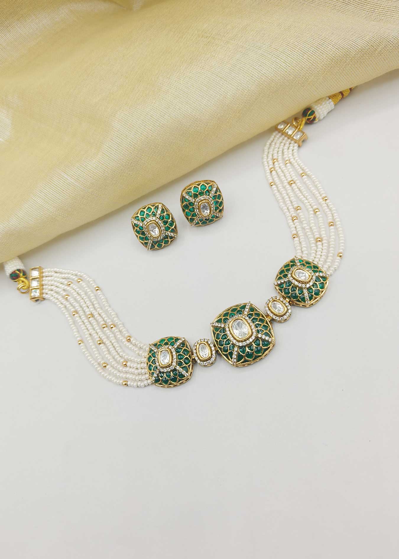 Cubic Zircon Antique-Gold Kundan Moti-Setting Green Choker Necklace Set