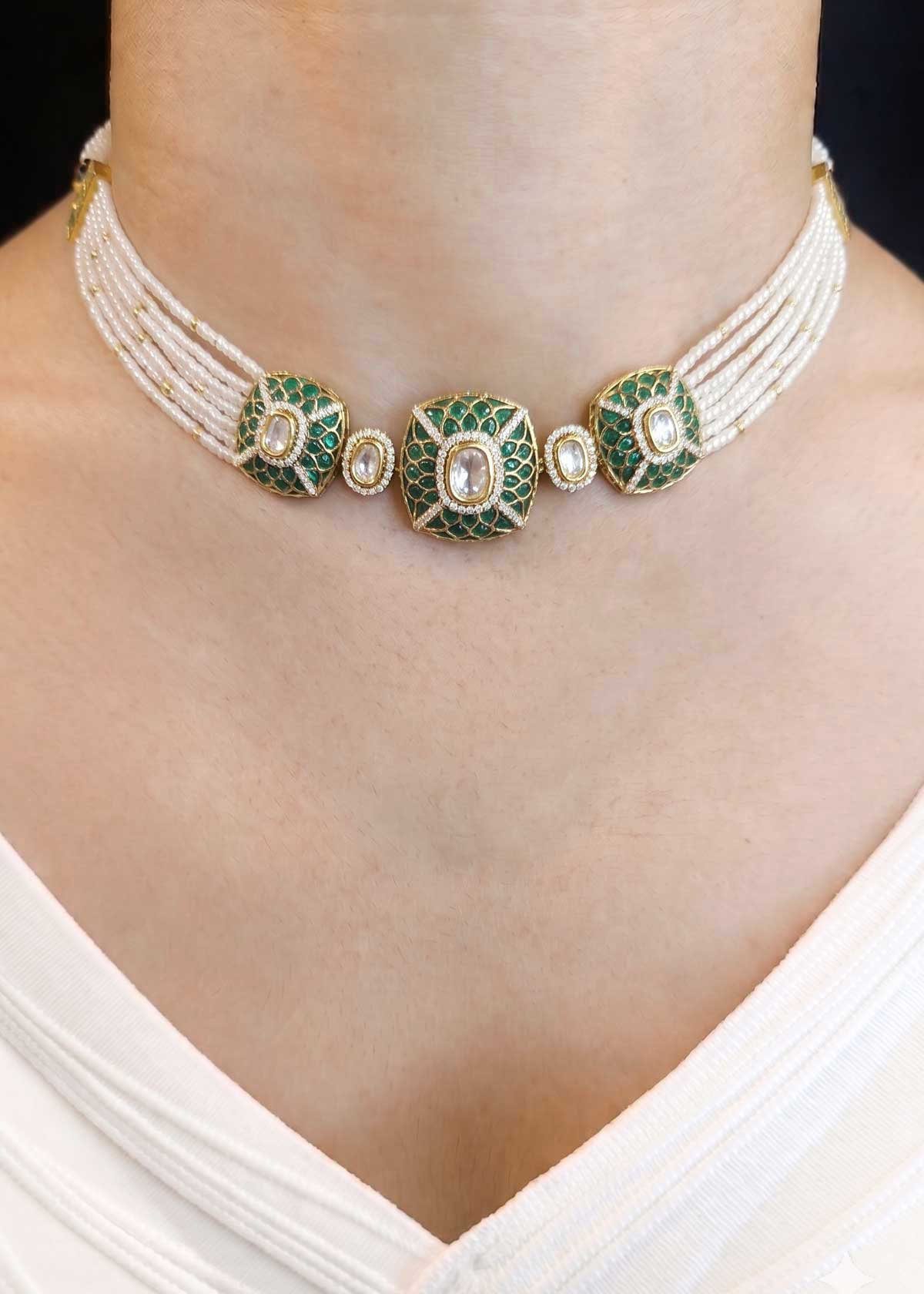Cubic Zircon Antique-Gold Kundan Pearl-Setting Green Choker Necklace Set