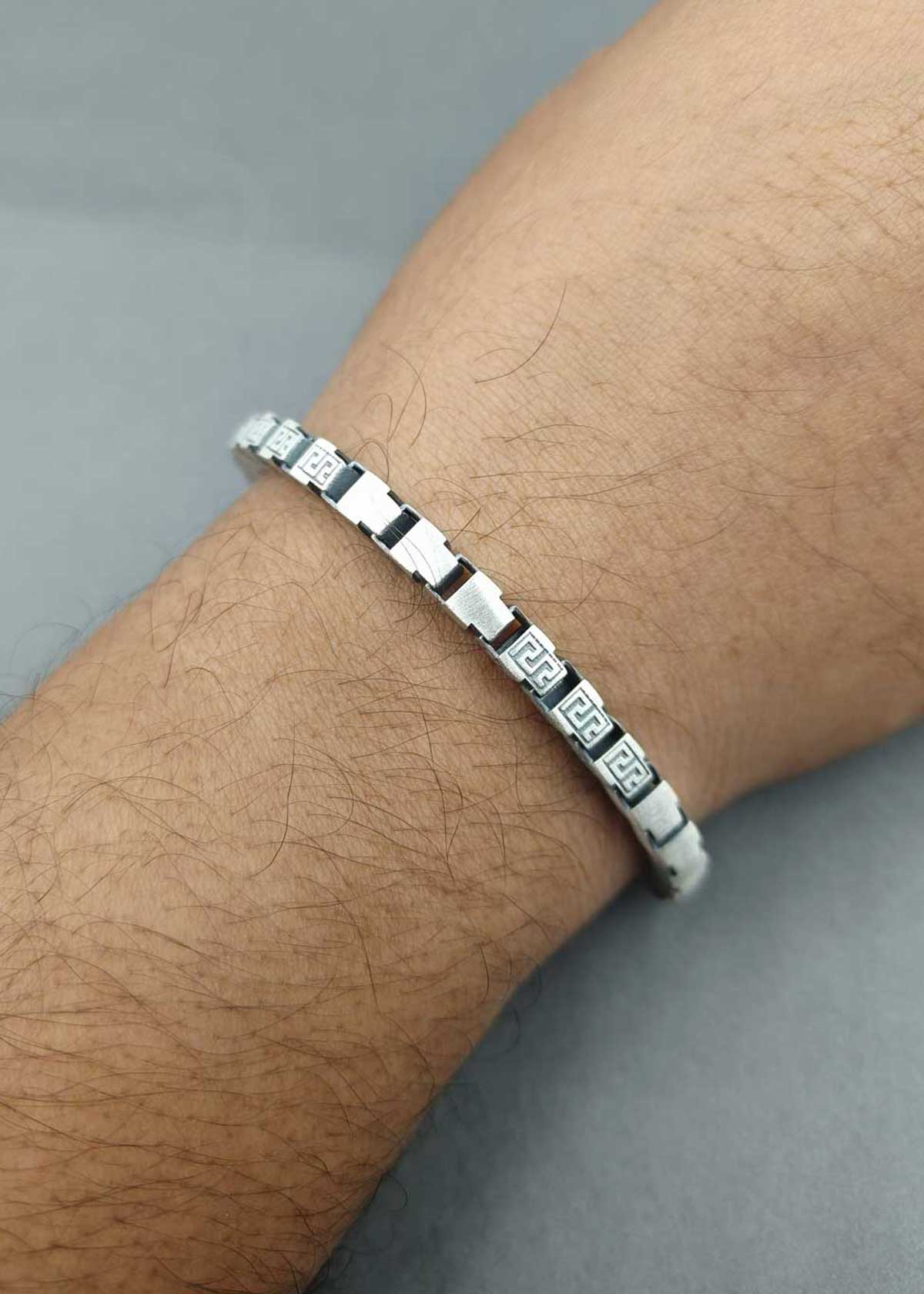 92.5 Sterling Silver Oxidized Greek Key Link Men's Loose Bracelet