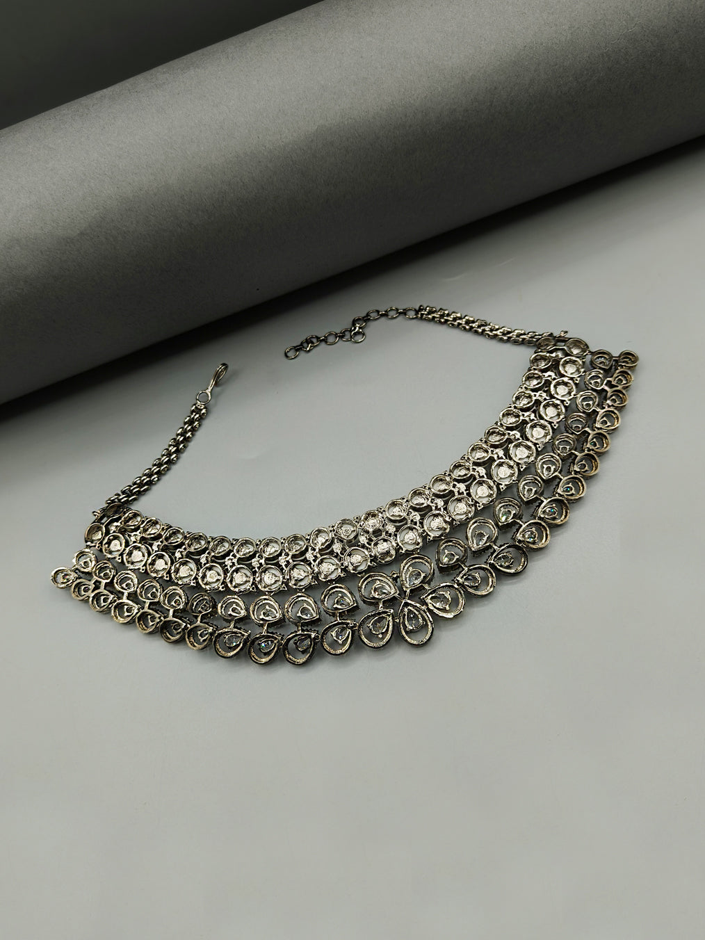 Cubic Zircon Victorian New Traditional Design Oxidised Pearl Short Necklace Set