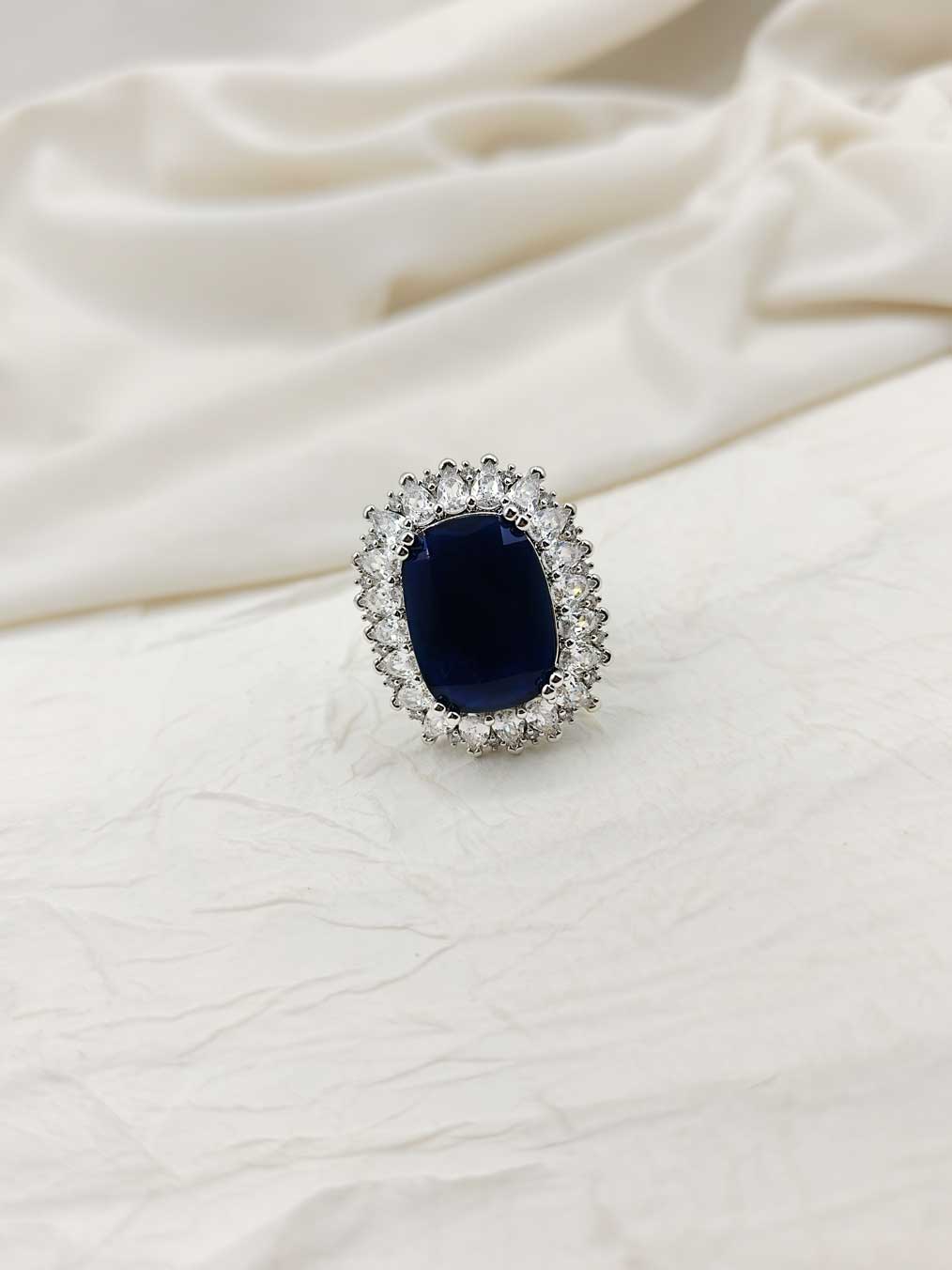 Cubic Zircon Silver Plated Bold Stone Cocktail Adjustable Finger Ring