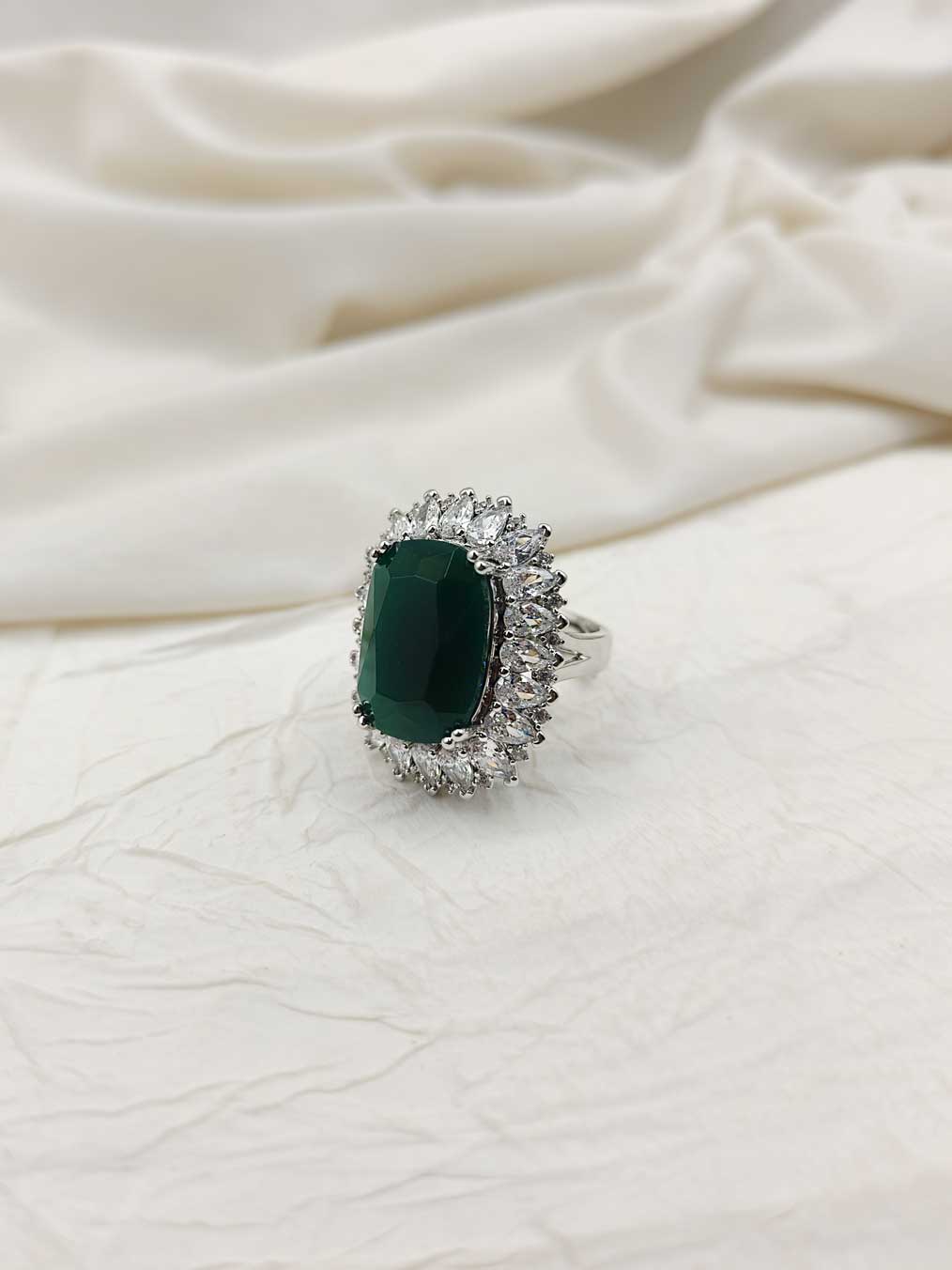 Cubic Zircon Silver Plated Bold Stone Cocktail Adjustable Finger Ring