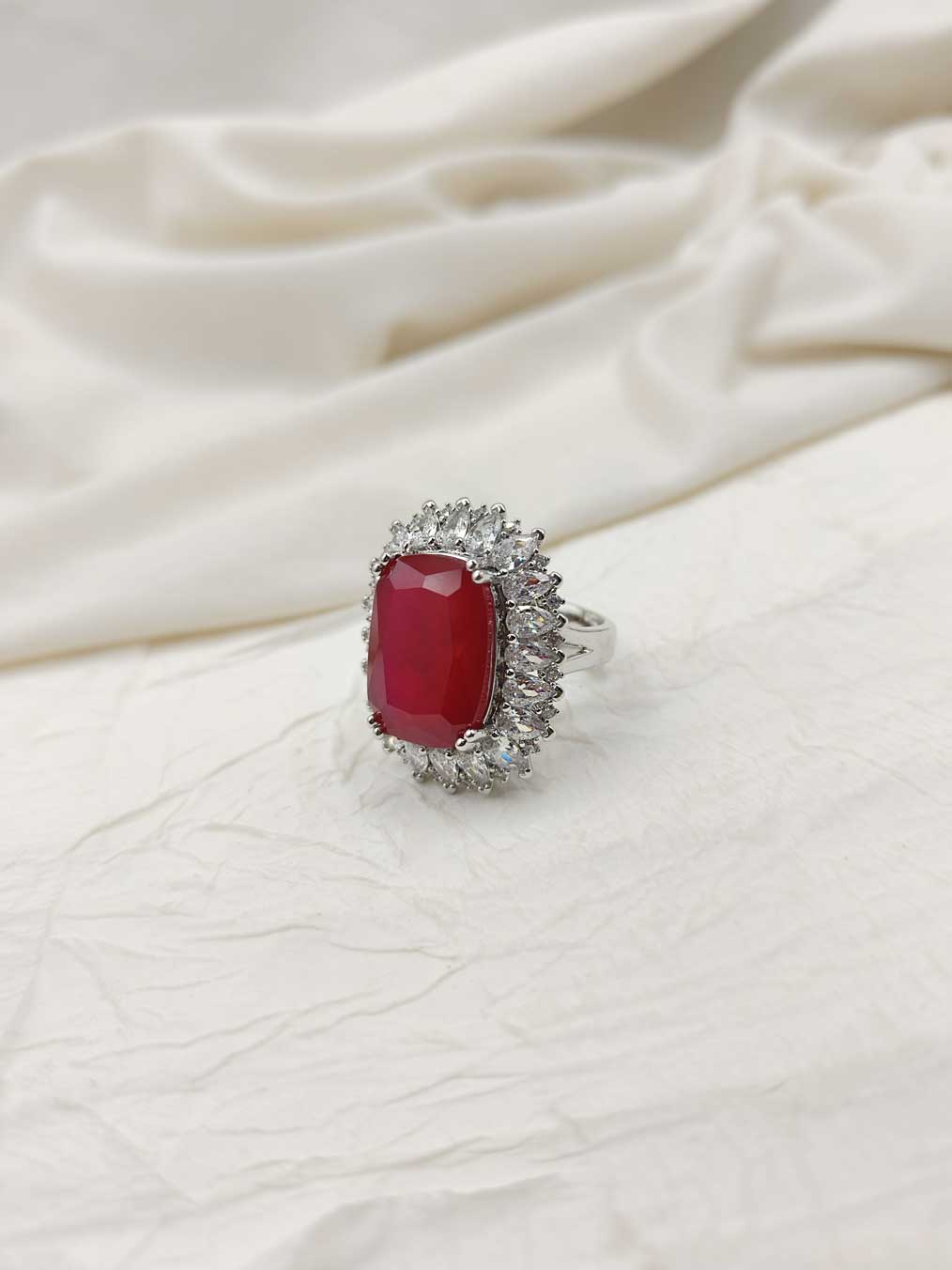 Cubic Zircon Silver Plated Bold Stone Cocktail Adjustable Finger Ring