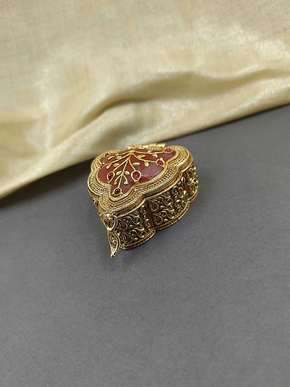 Gold Plated With Ruby Stone Kumkum Box / Sindoor Box