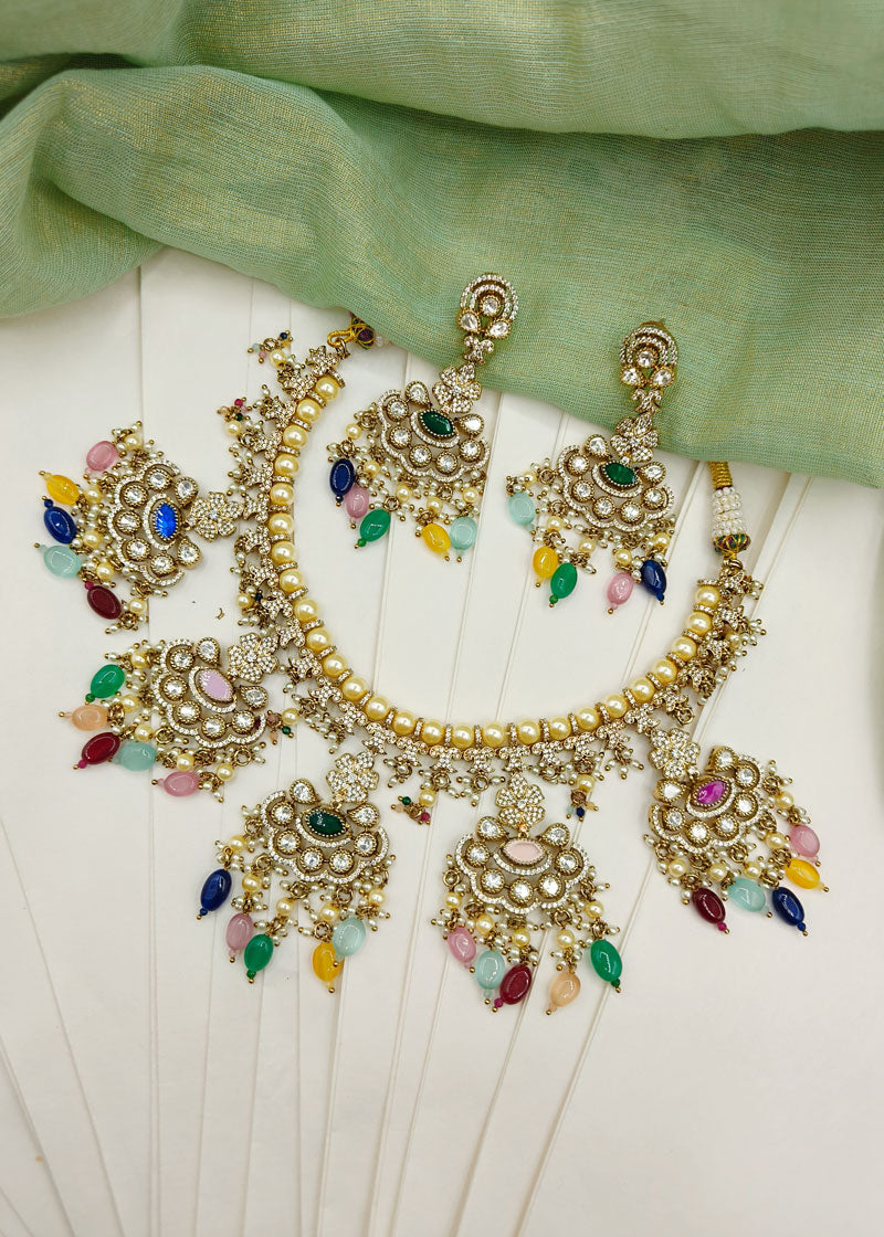 Red Beads Antique Gold Kundan Studded Bridal Choker Necklace Set
