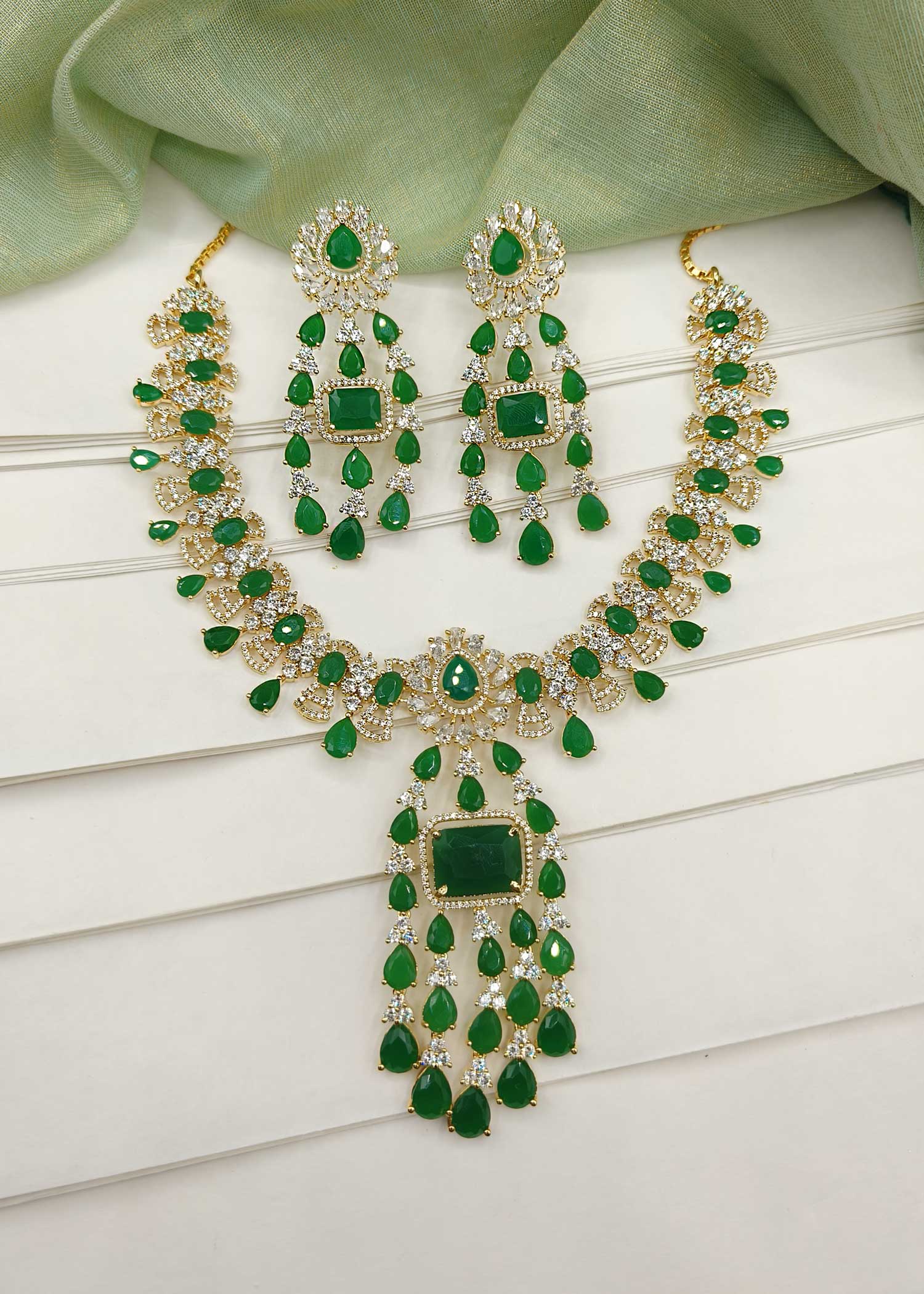 Cubic Zircon Drop Shape Emerald Stone Necklace Set