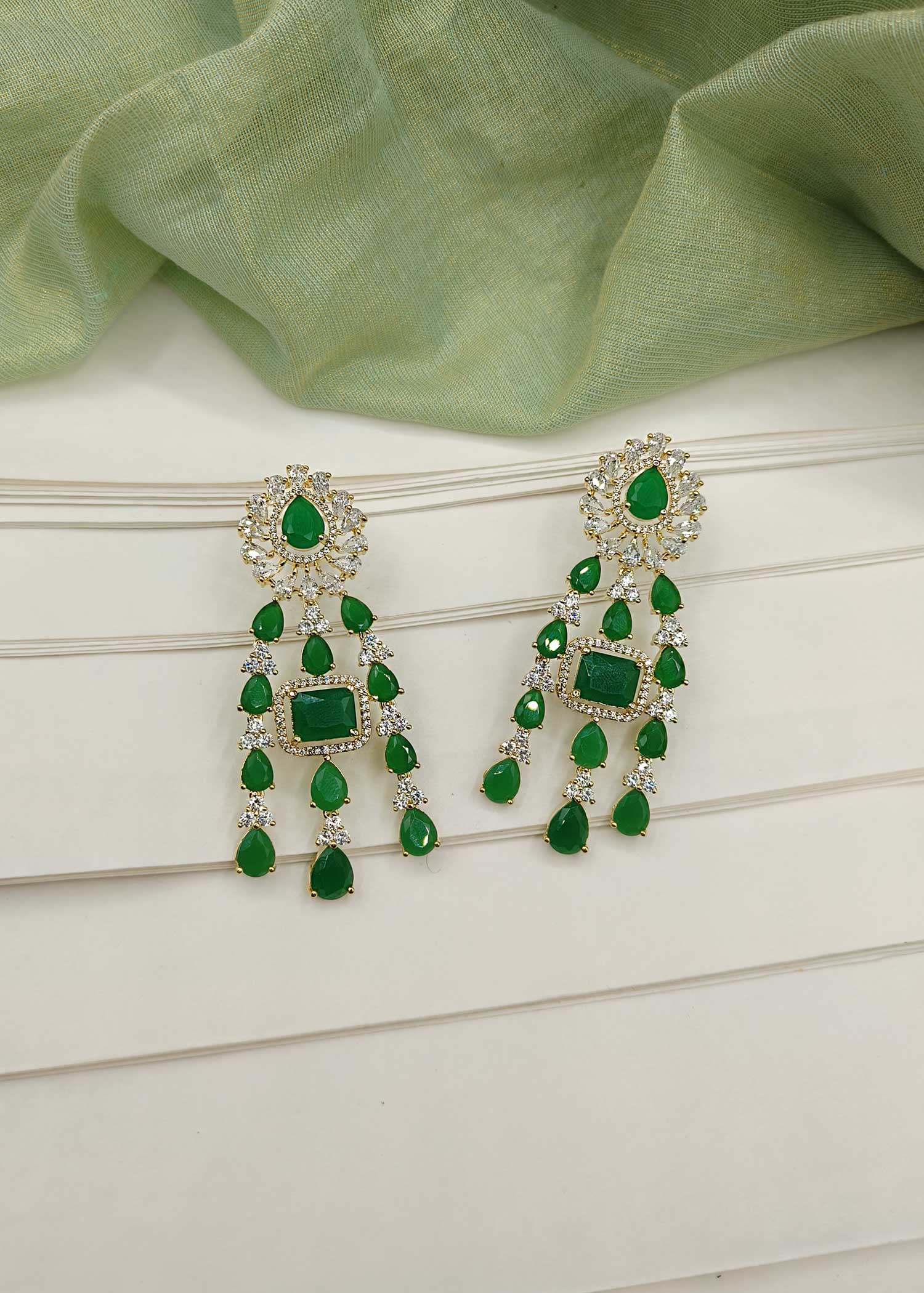 Cubic Zircon Drop Shape Emerald Stone Necklace Set