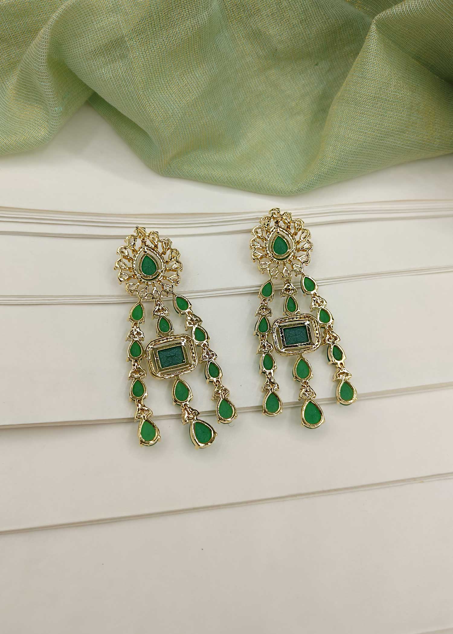 Cubic Zircon Drop Shape Emerald Stone Necklace Set
