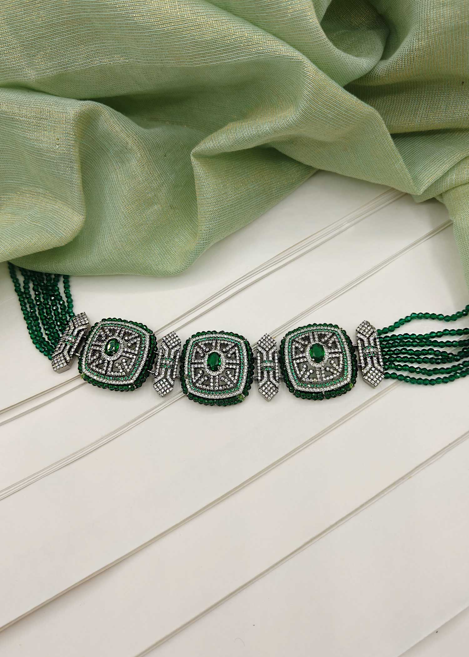 Cubic Zircon Emerald Stone Choker Set
