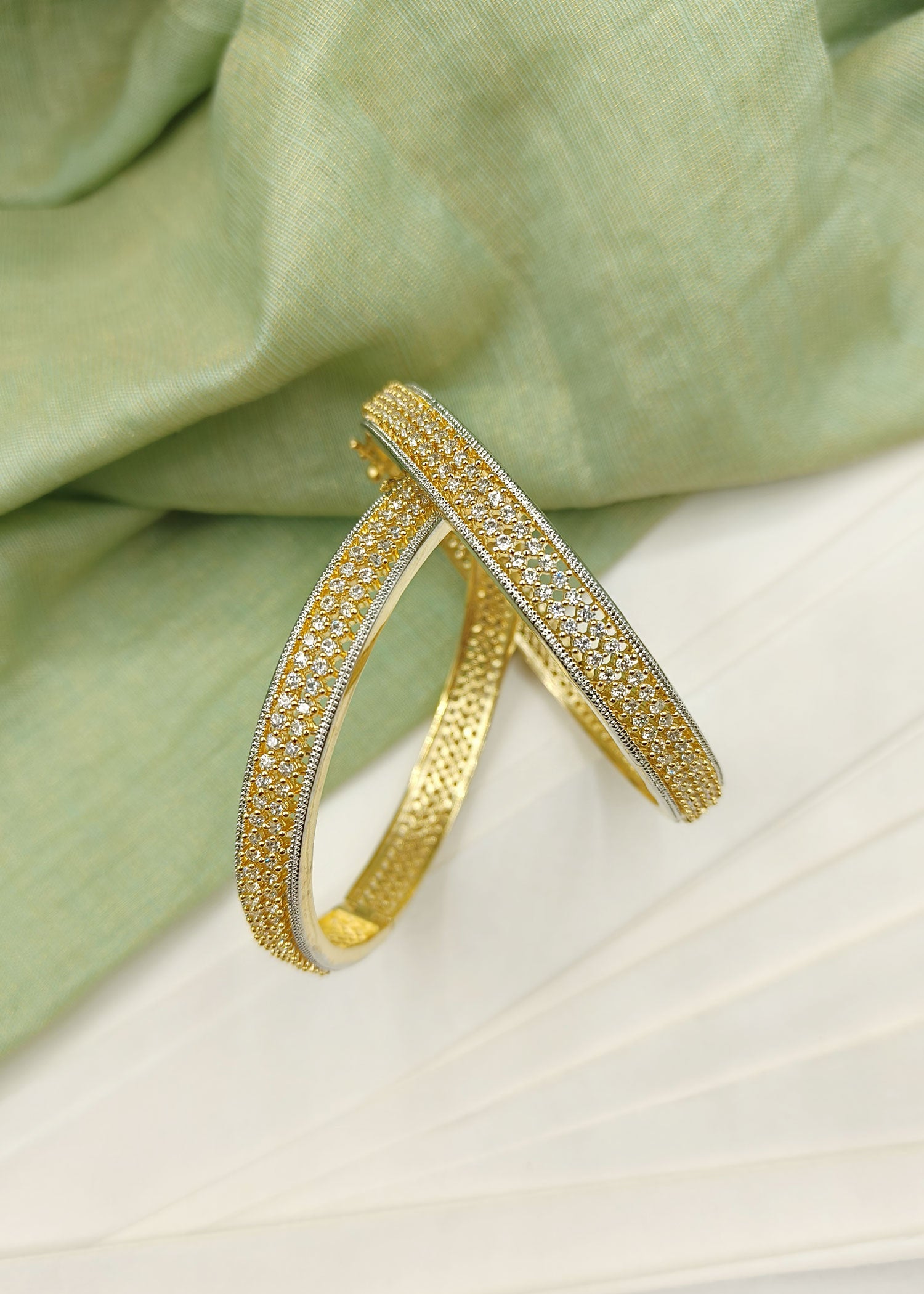 Gold-Silver Plated Openable Cubic Zircon Bangles (Pair)