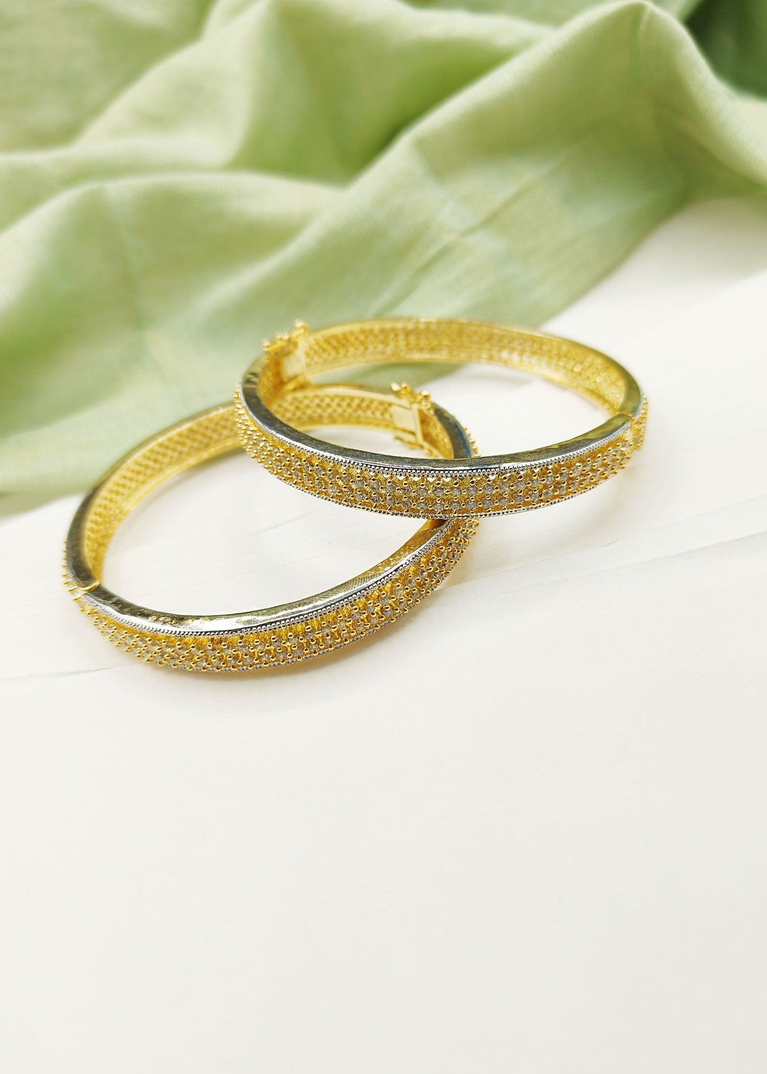 Gold-Silver Plated Openable Cubic Zircon Bangles (Pair)